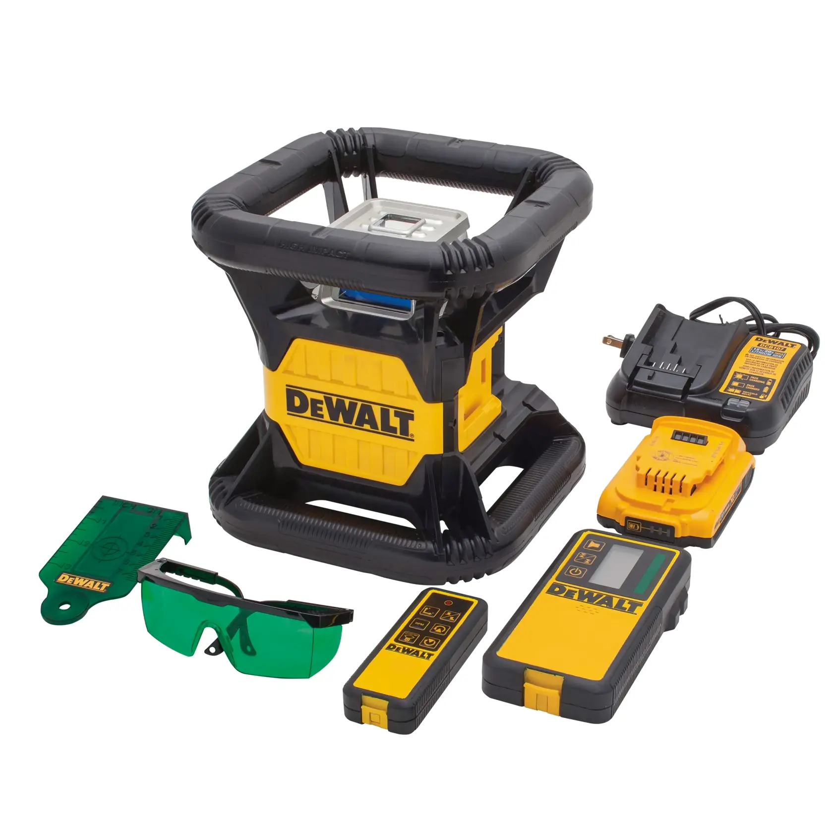 A DEWALT rotary laser level kit including a yellow and black rotary laser device, green safety glasses, various control and measurement units, a battery charger, and a green target plate.