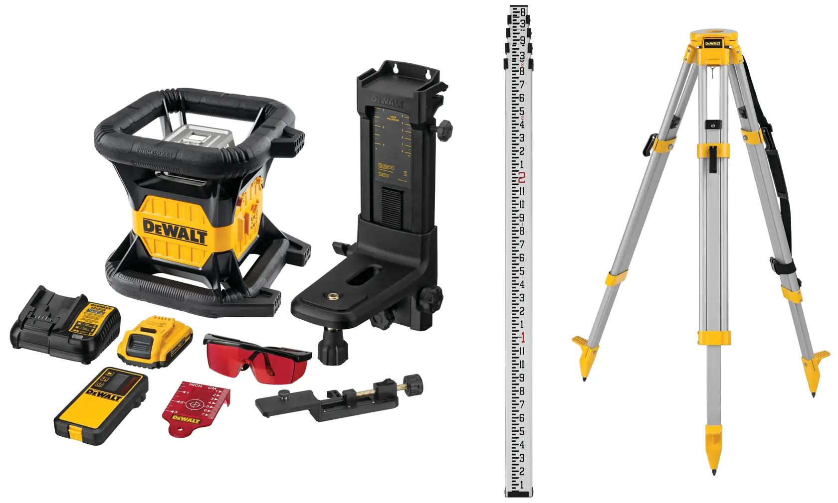 A DEWALT rotary laser level kit including a rotary laser unit, tripod, measuring rod, receiver, charger, battery, red safety glasses, mounting brackets, and accessories, all arranged on a white background.