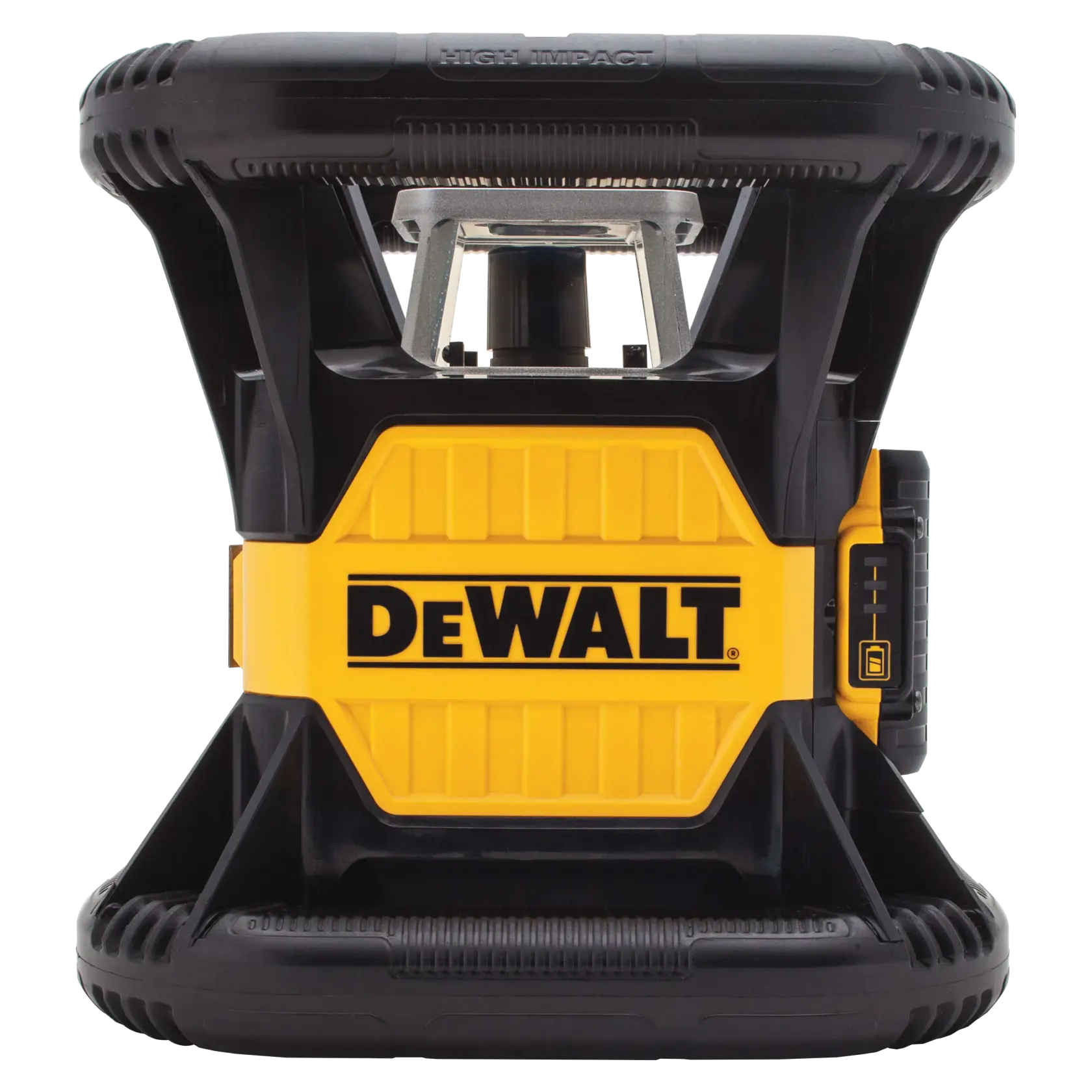 A DEWALT-branded industrial tool, specifically a rotary laser level, with a yellow and black design and sturdy housing.