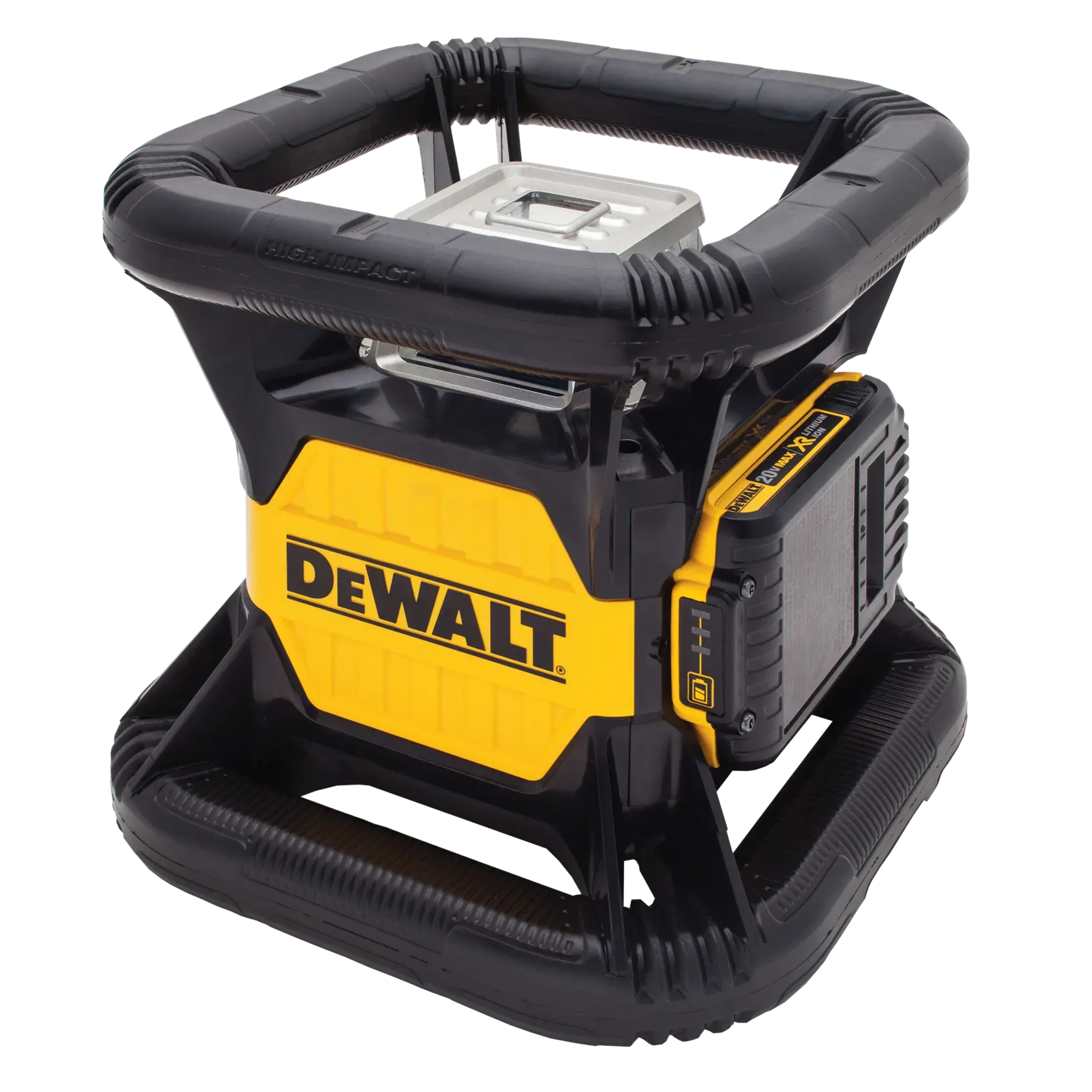 A DEWALT-branded yellow and black rotary laser level with protective casing and sturdy handles, designed for construction and surveying tasks.