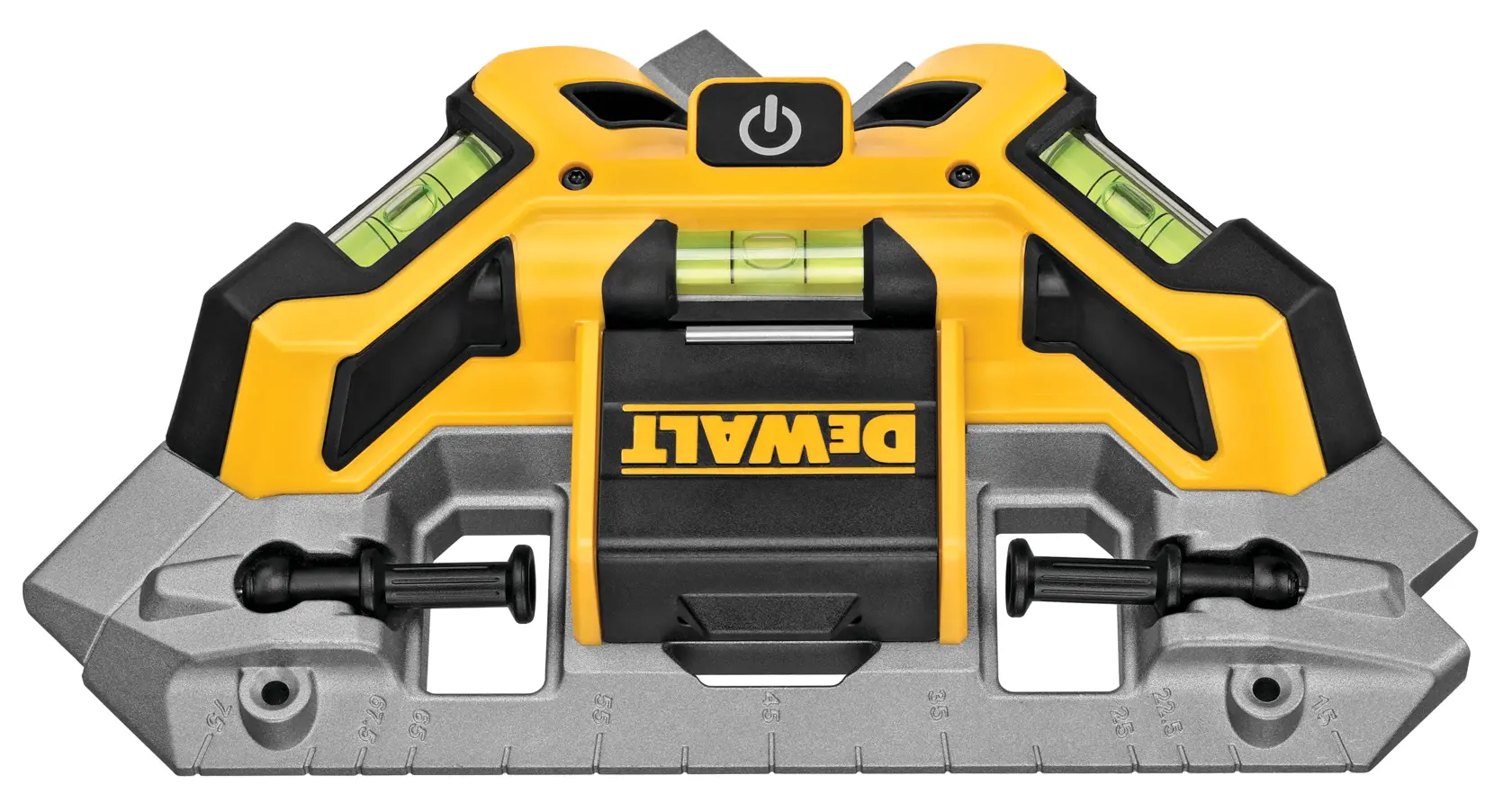 A DEWALT DW0802 photography tool, featuring a yellow and black durable body with built-in bubble levels and measurement markers.