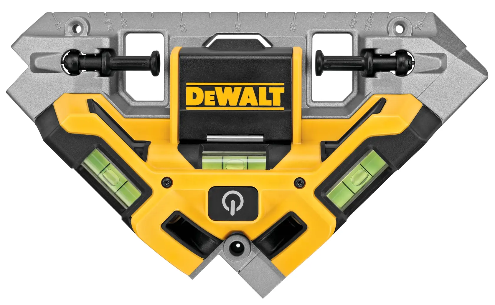 A DEWALT DW0802 photography tool, featuring a yellow and black design with integrated bubble levels and a power button, intended for precise alignment and measurement tasks.