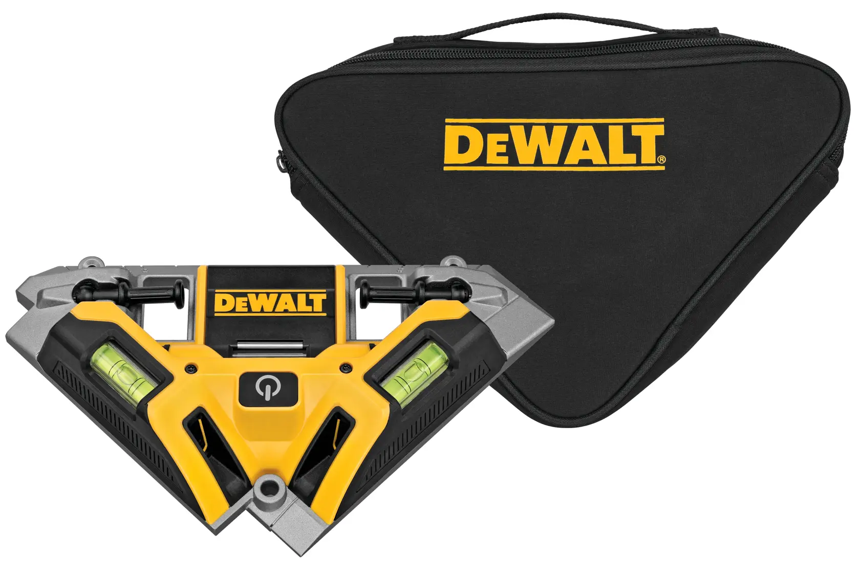 A DEWALT-branded digital protractor with built-in bubble levels, shown in yellow and black, placed in front of a matching black triangular carrying case with a zip and handle.