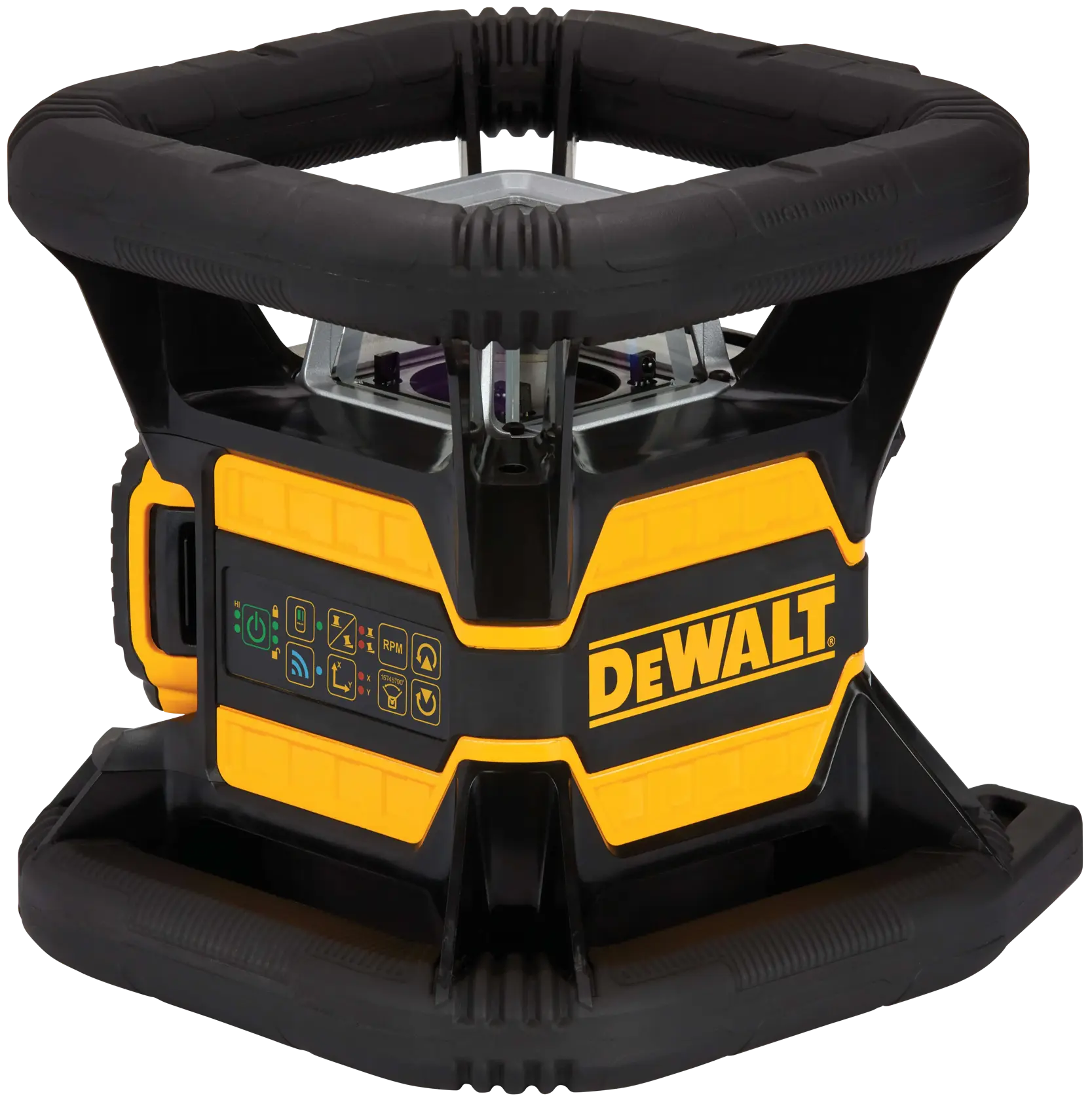 A DEWALT DW080LGS rotary laser level device with a rugged black and yellow exterior and user control panel, designed for professional photography and construction alignment tasks.