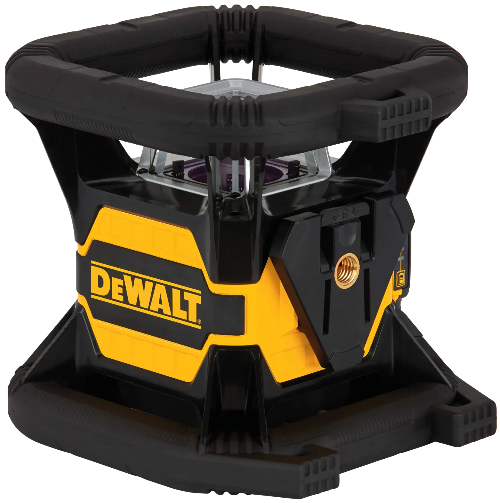 A DEWALT yellow and black laser level device with a rugged protective frame, used for precise leveling and alignment in photography and construction.
