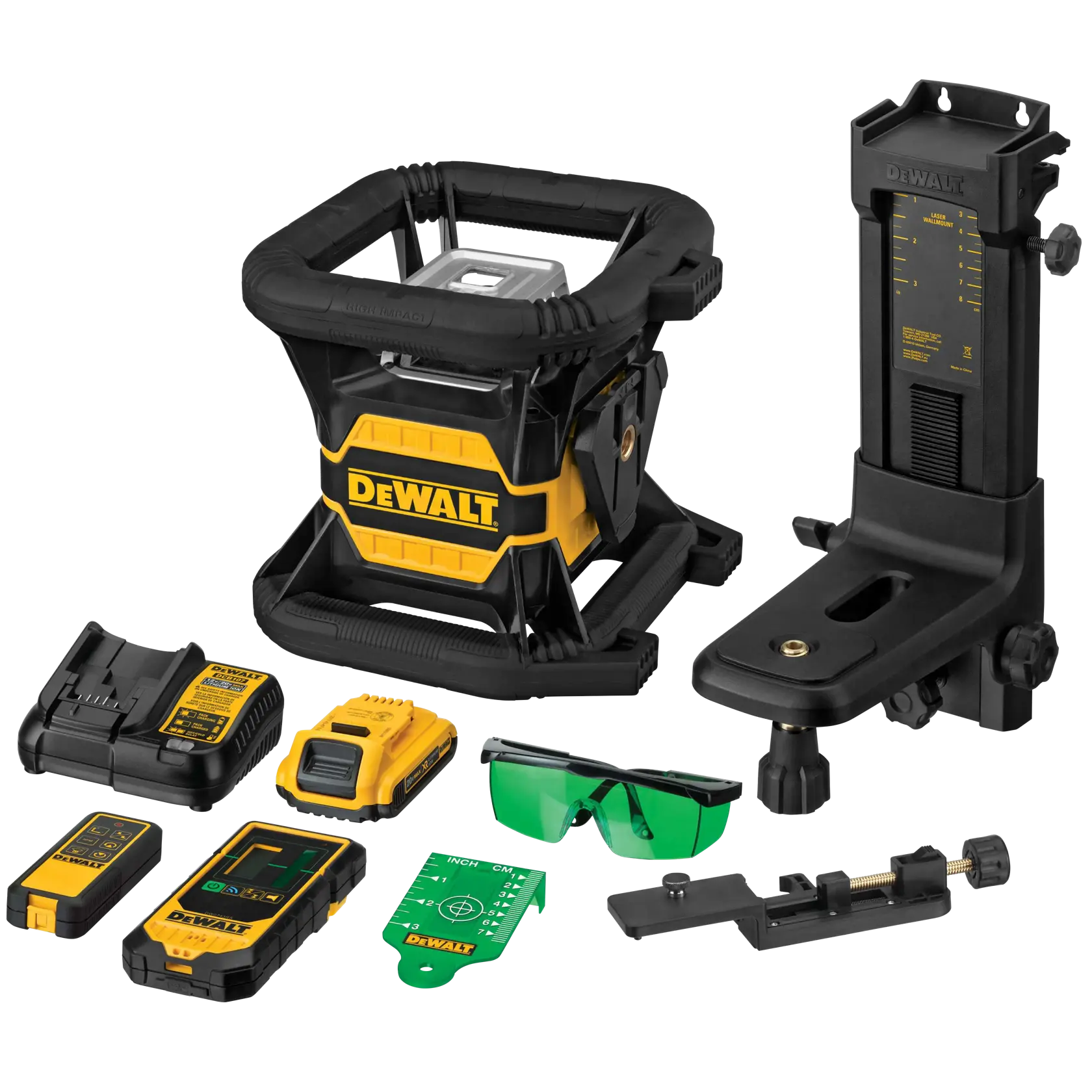 A DEWALT laser level kit, including a yellow and black laser level device, mounting bracket, charger, battery, remote, detector, green safety glasses, target card, and other accessories.