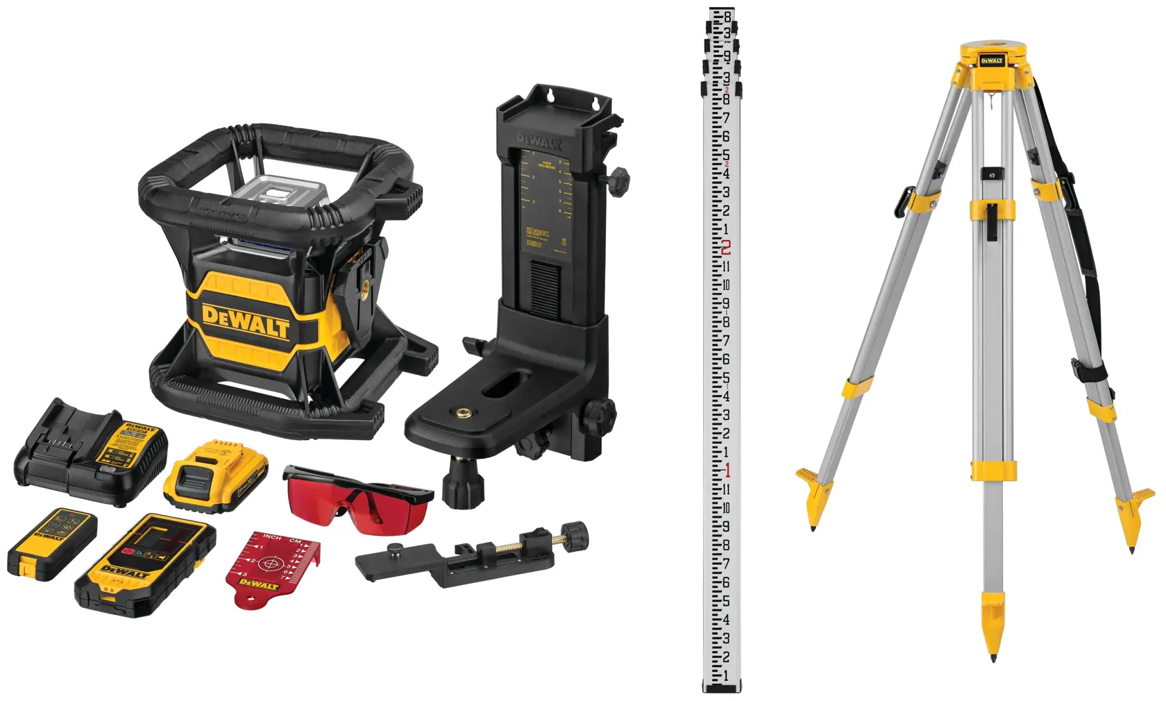 DEWALT laser level kit with multiple accessories, including a rotary laser device, tripod, measuring rod, laser detector, battery, charger, red glasses, mounting brackets, and other attachments, all displayed on a white background.