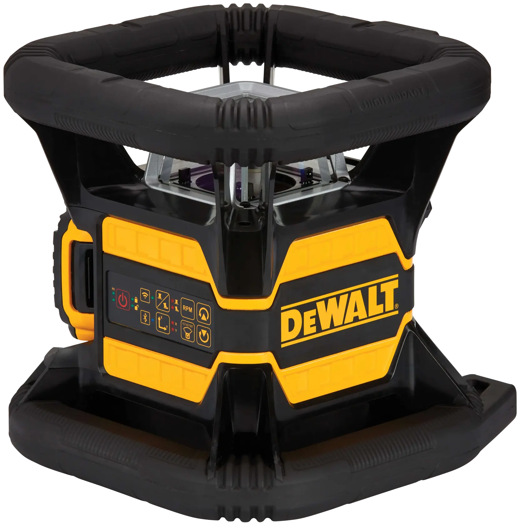 A DEWALT DW080LRS professional rotary laser level with a rugged black and yellow design, protective frame, and control panel for construction and photography applications.