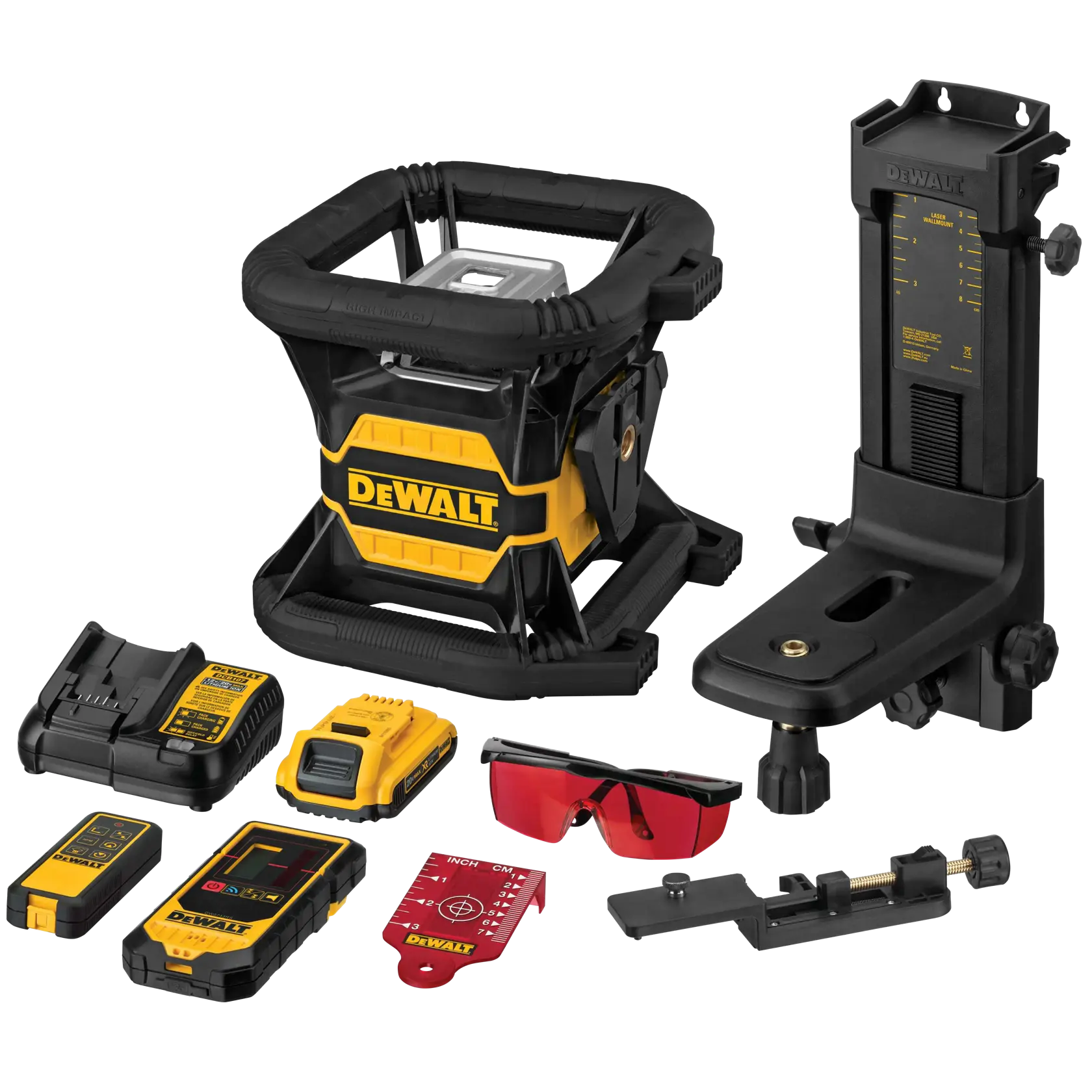 DEWALT DW080LRS rotary laser level kit, including the main yellow and black rotary laser unit, mounting bracket, red laser enhancement glasses, battery charger, rechargeable battery, remote control, target card, detector and additional accessories.