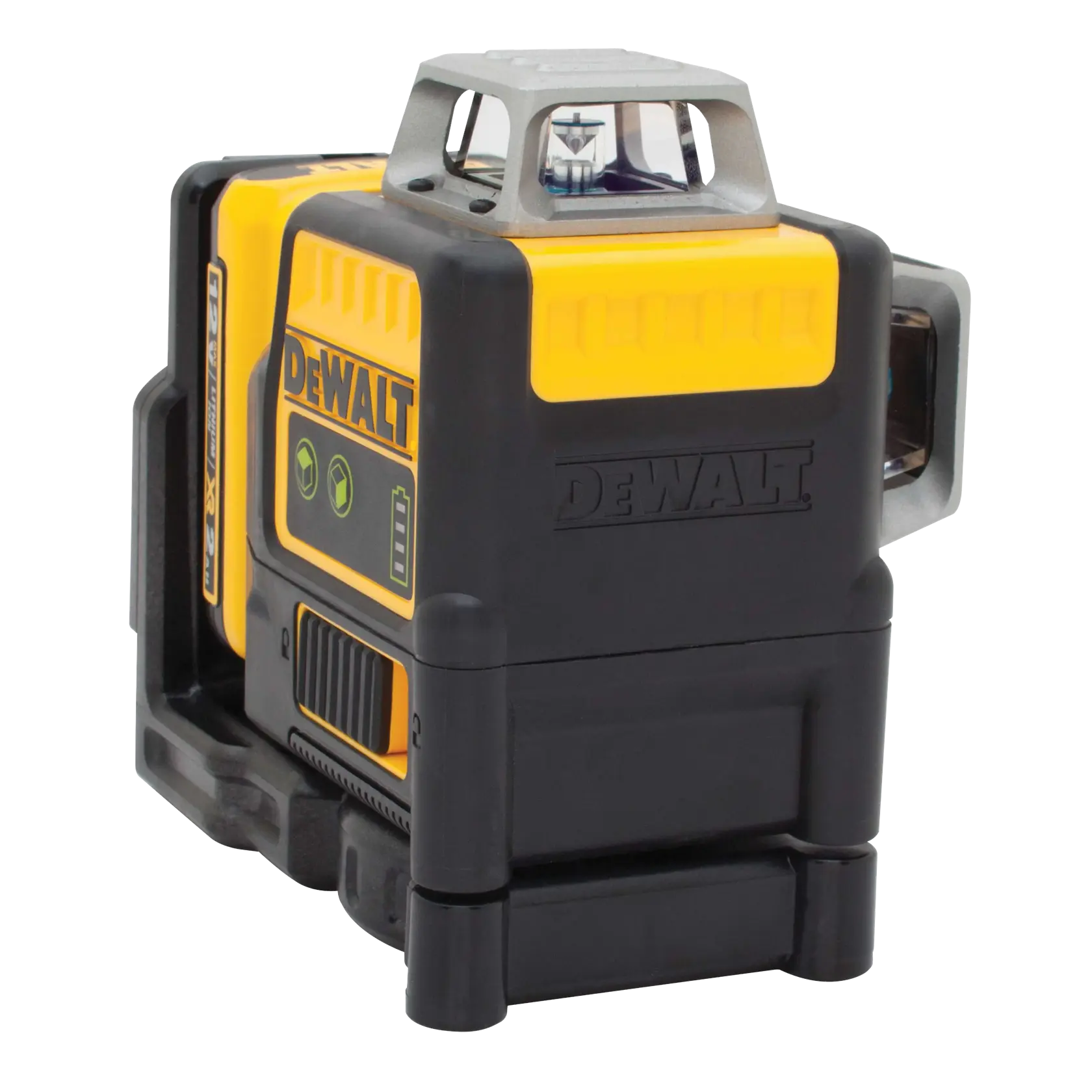 A DEWALT DW0811LG green beam rotary laser level device, featuring a rugged yellow and black housing with control buttons and visible battery compartment.
