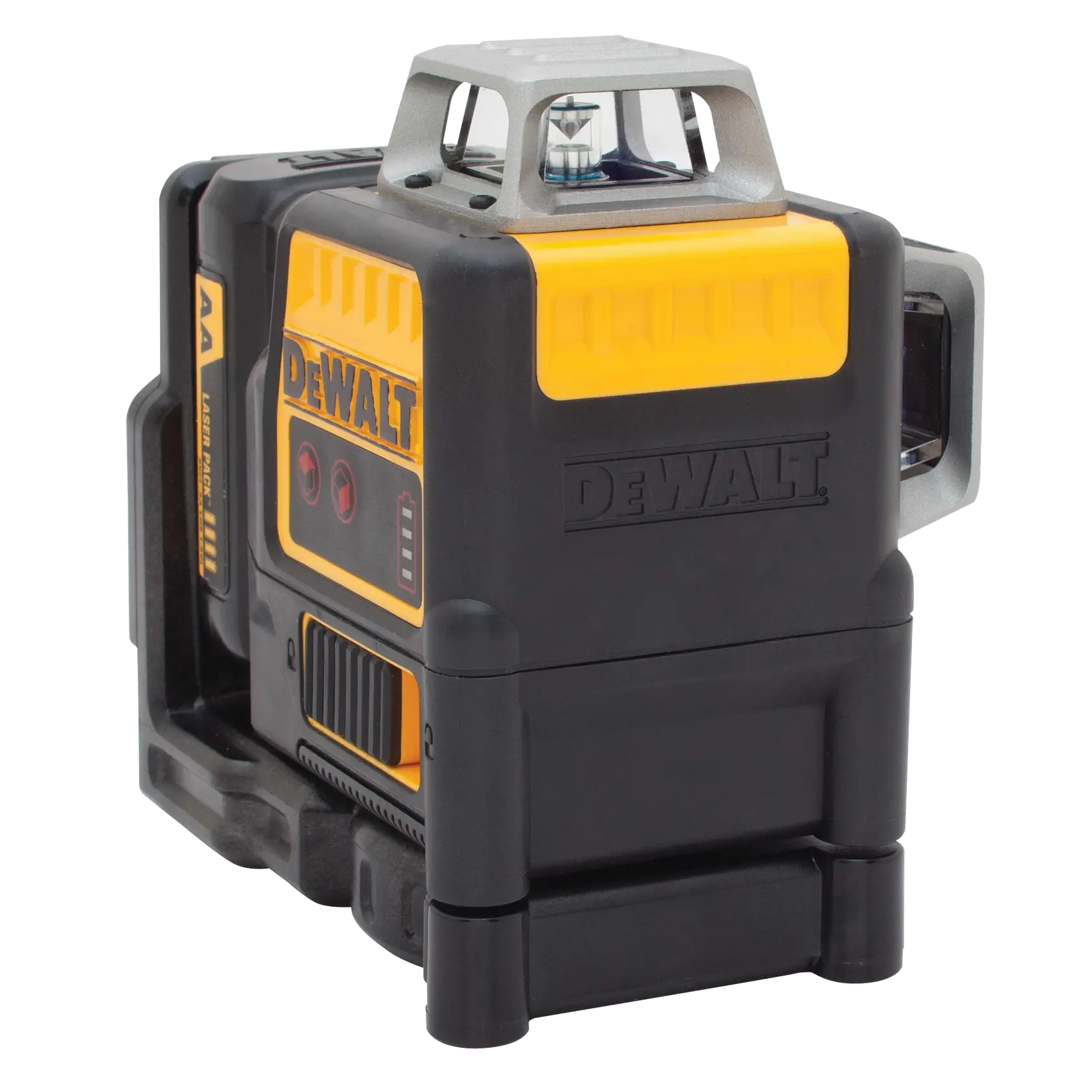 A DEWALT DW0811LR laser level tool, shown in black and yellow with a protective metal top cover and visible control buttons.