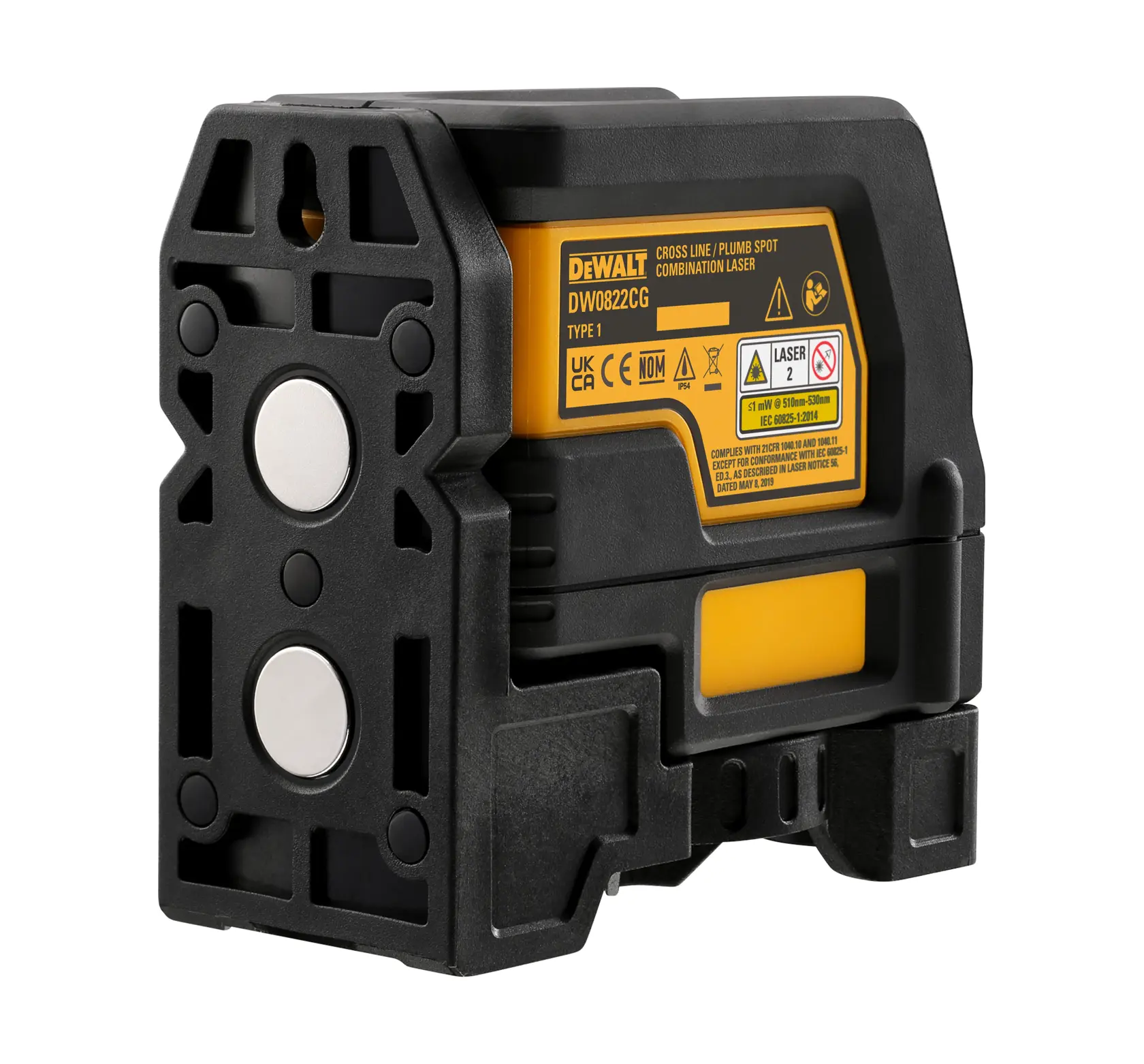 DEWALT DW0822CG cross line and plumb spot green laser level tool with a rugged black and yellow body, magnetic mount base, and visible safety and model label on the side.