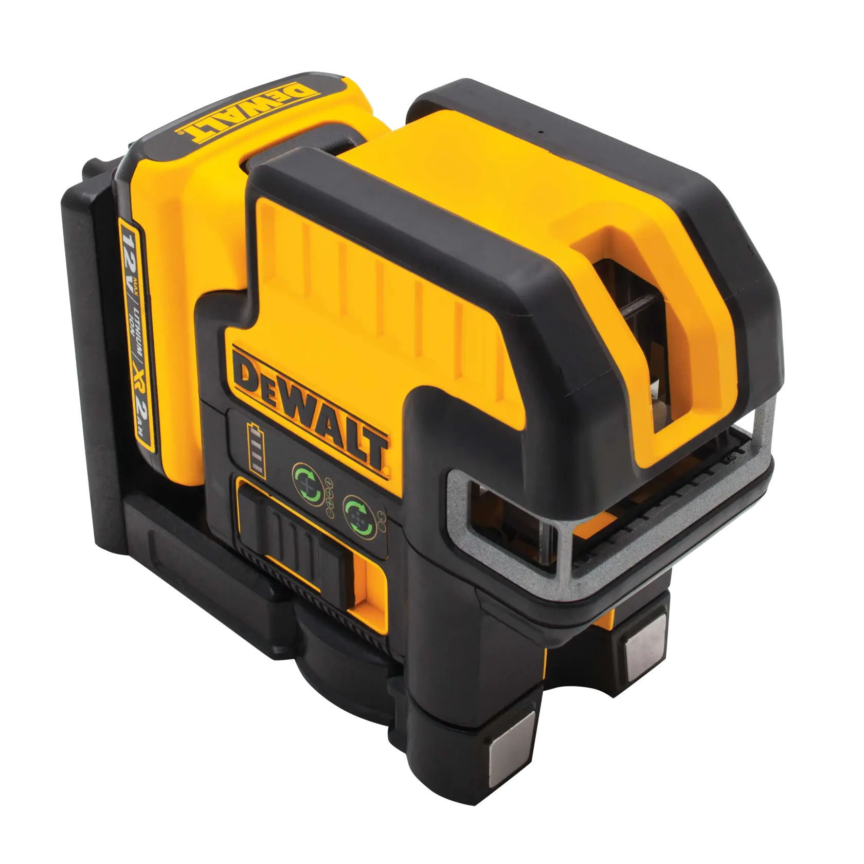A DEWALT DW0822LG 12V green cross line laser level with yellow and black body, used for precise alignment in construction and photography.