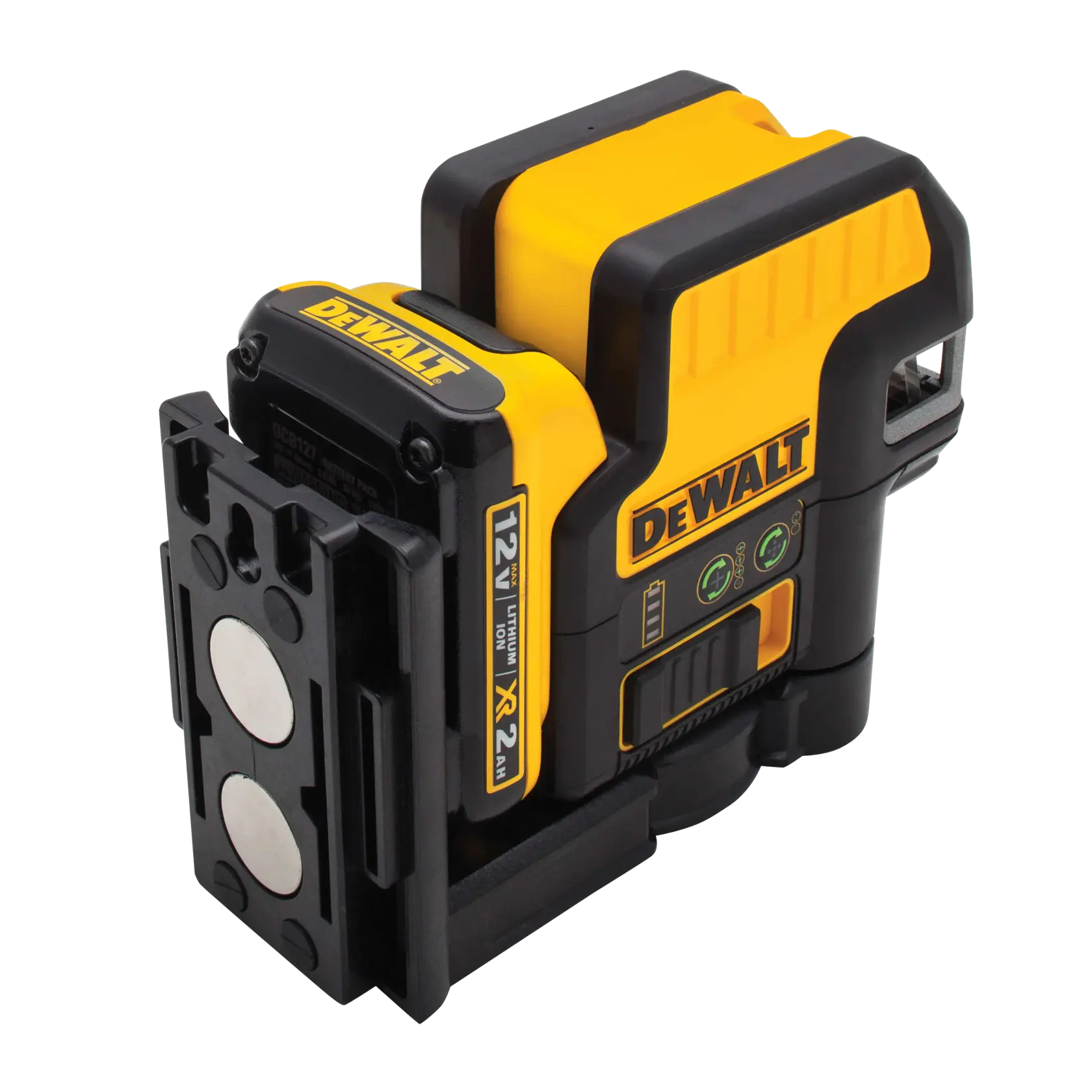 A DEWALT DW0822LG 12V lithium-ion green cross line and plumb spot laser level, designed for precise alignment and leveling in construction and photography tasks. The device is compact and features a yellow and black casing with magnetic mounting base.