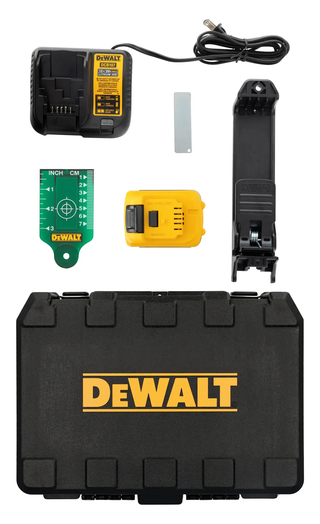 DEWALT DW0822LG photography product kit showing a black and yellow hard case, battery charger with cable, green measuring card, yellow battery, mounting bracket, and metallic plate, all components laid out on a white background.
