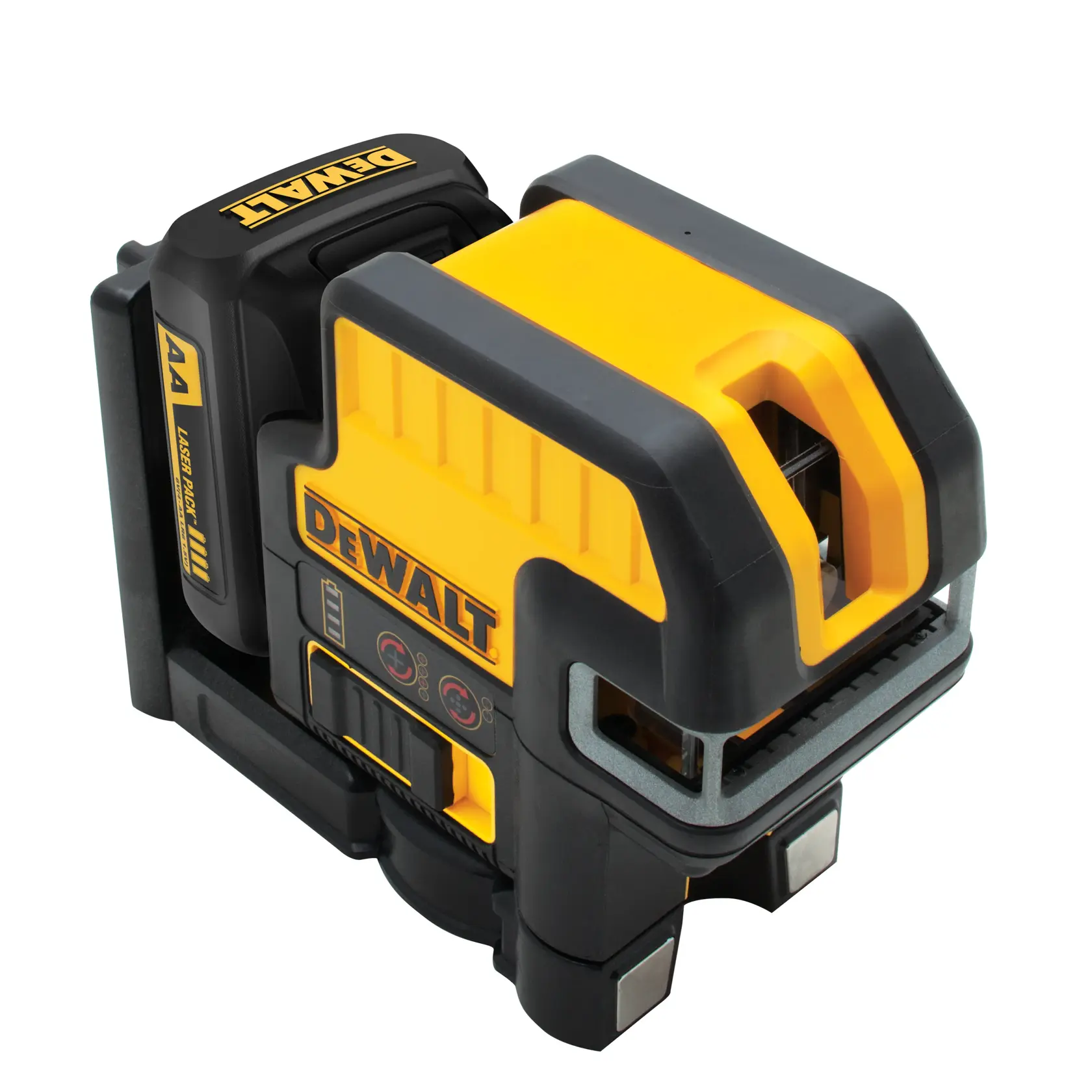A DEWALT-branded yellow and black laser level device, featuring control buttons on the side and a visible battery pack.
