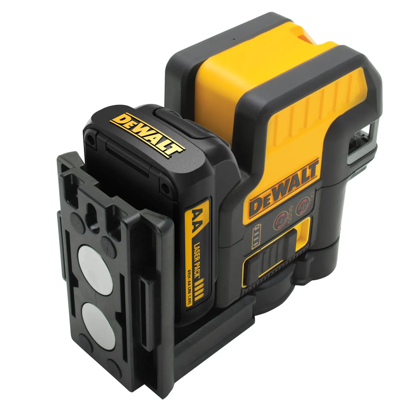 A DEWALT DW0822LR laser level, featuring a yellow and black design with labels and control buttons visible. It is shown with a mounting bracket attached.
