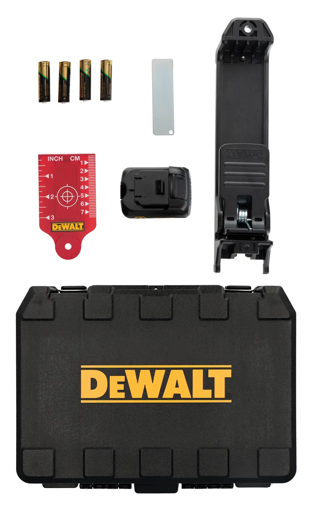 A DEWALT laser level kit with accessories, including four batteries, a mounting bracket, a red target card with measurement marks, a metal plate, a laser level device, and a black hard carrying case with the DEWALT logo.
