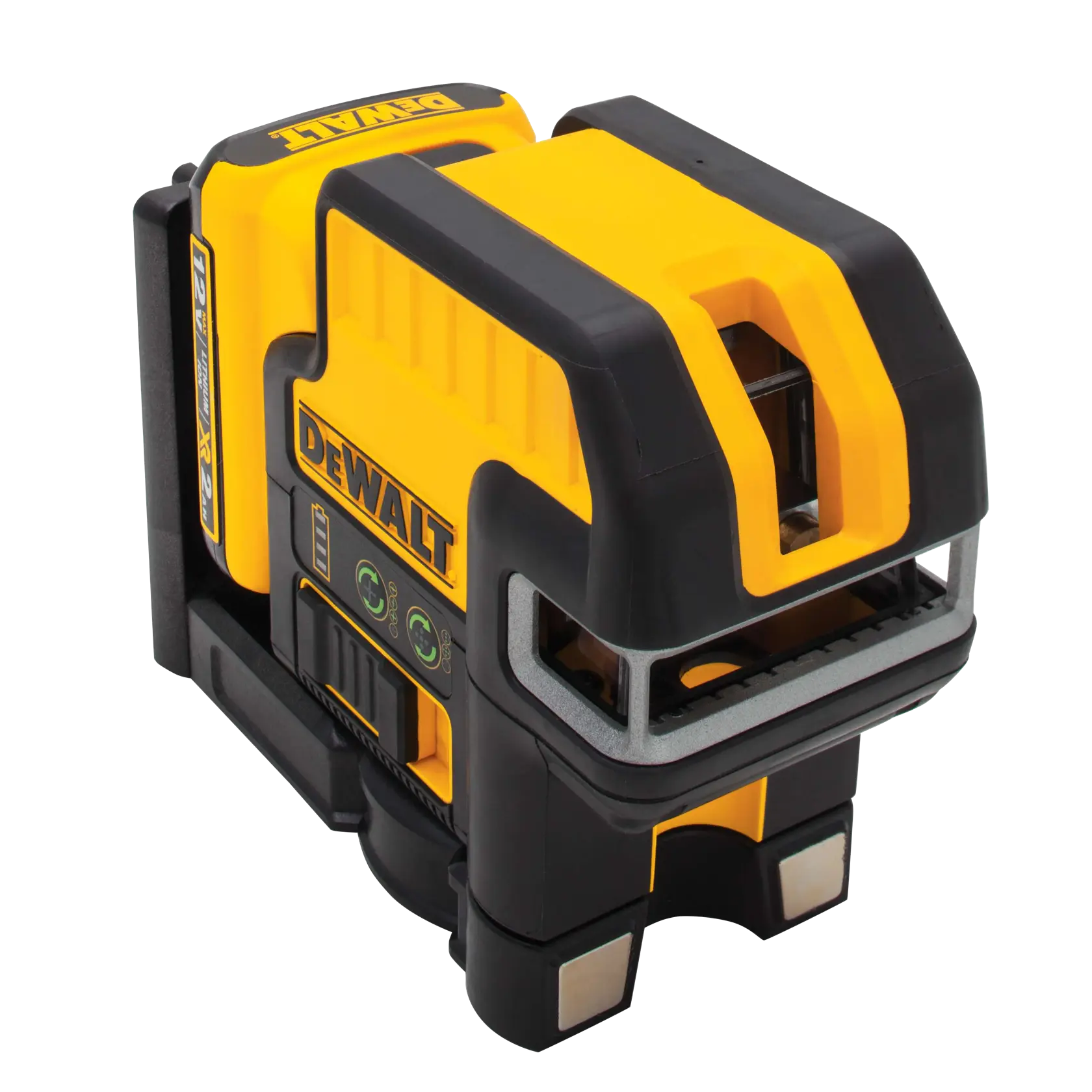 A DEWALT branded yellow and black laser level tool, model DW0825LG, with visible battery compartment, buttons, and alignment features.