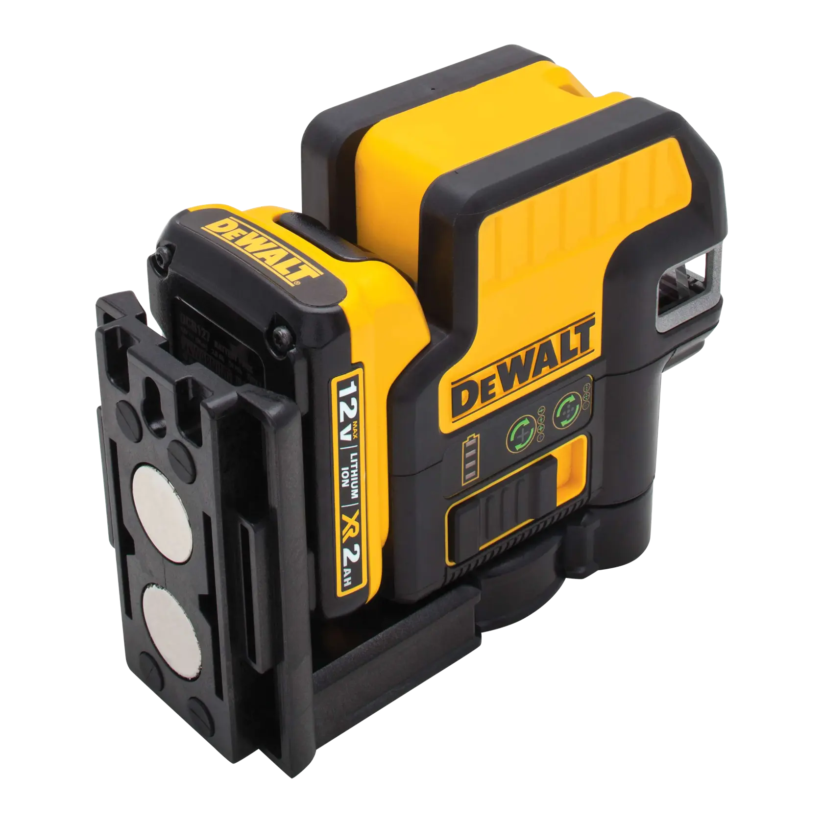 A DEWALT DW0825LG 12V green cross line and five spot laser tool, primarily used for alignment and layout tasks and shown here with a magnetic mounting bracket.