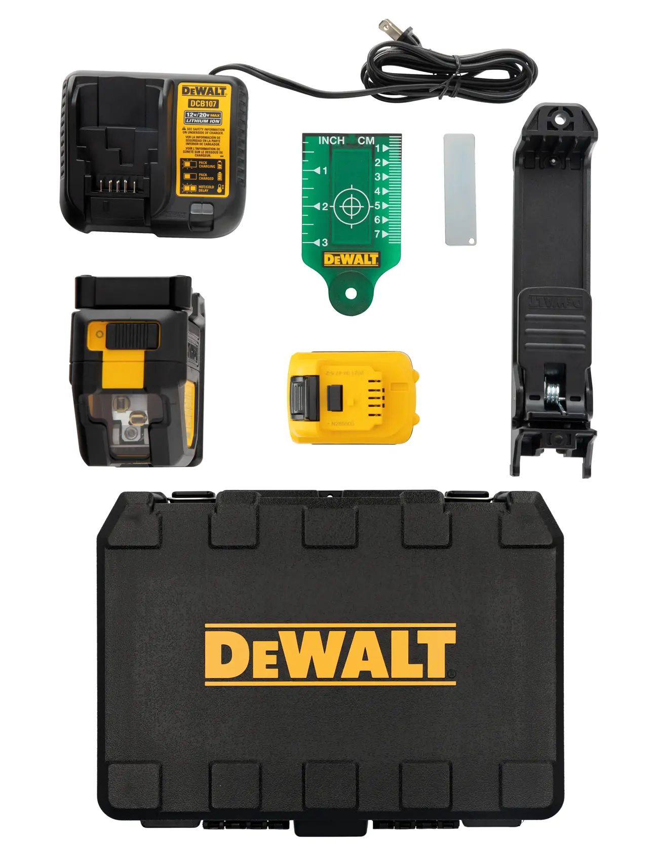A DEWALT laser level kit including a black carrying case with yellow DEWALT logo, laser level device, battery, charger, green target card, mounting bracket, and metal plate, all laid out on a white surface.