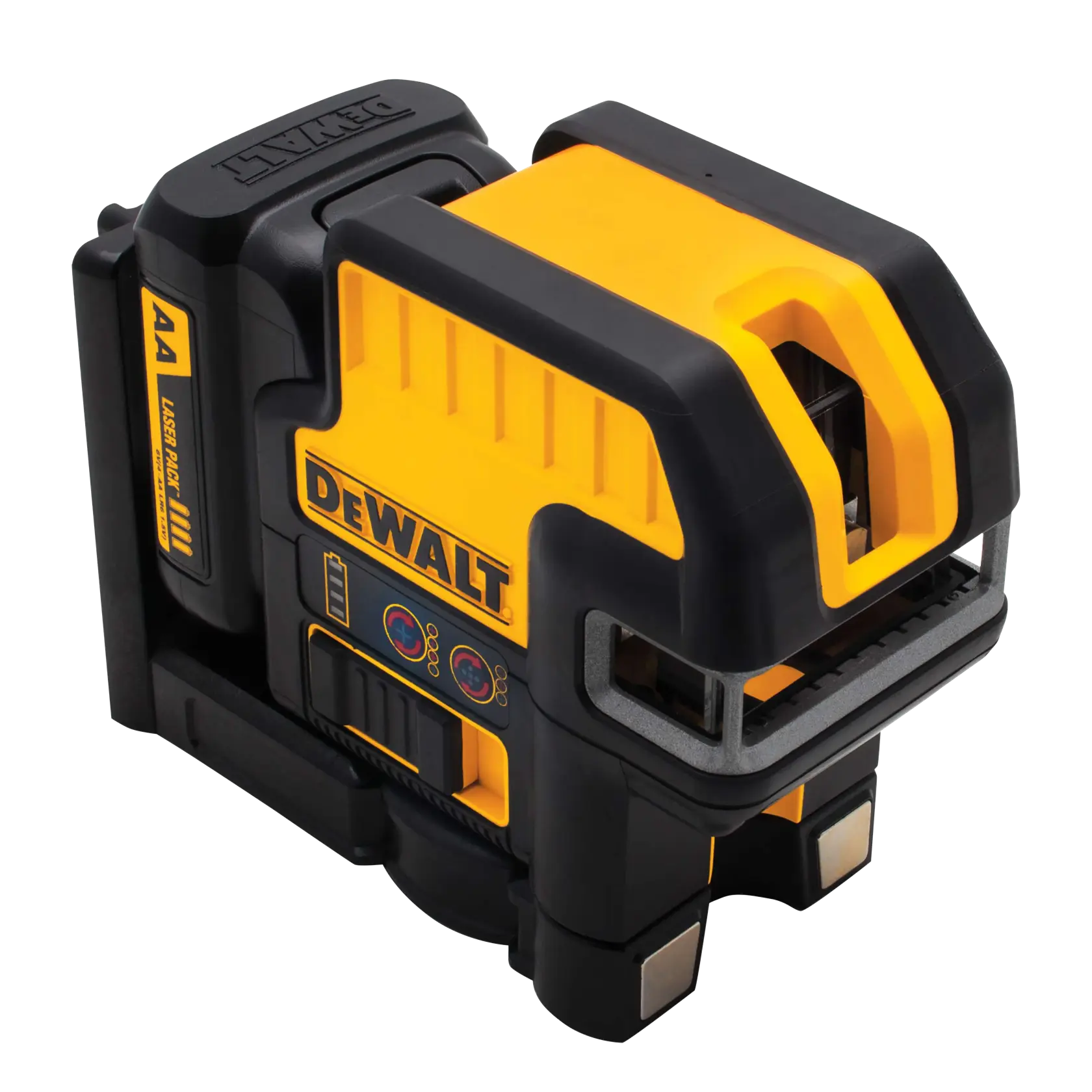 A DEWALT DW0825LR laser level device in yellow and black, featuring a compact, durable design with control buttons on the side and visible battery compartment.