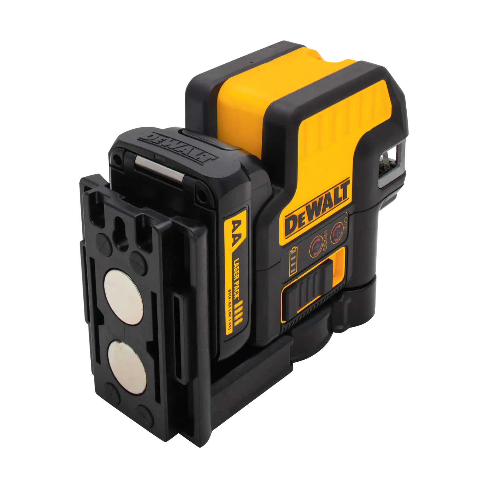 A DEWALT-branded laser level device with a yellow and black design, featuring buttons and indicators on the side and a mounting bracket attached.