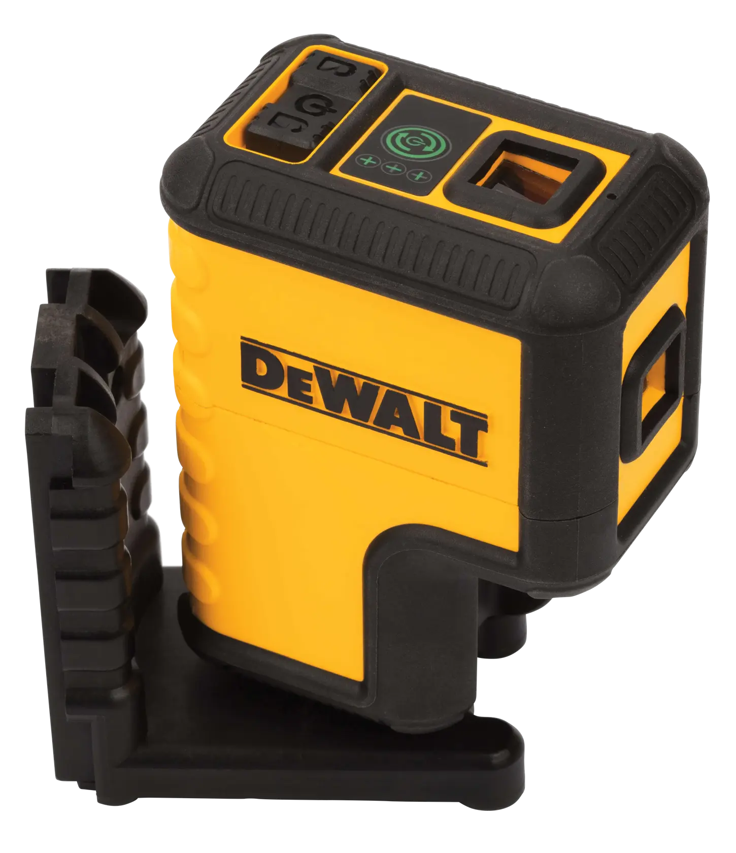 A yellow and black DEWALT laser level device with control buttons on the top and mounted on a black base.