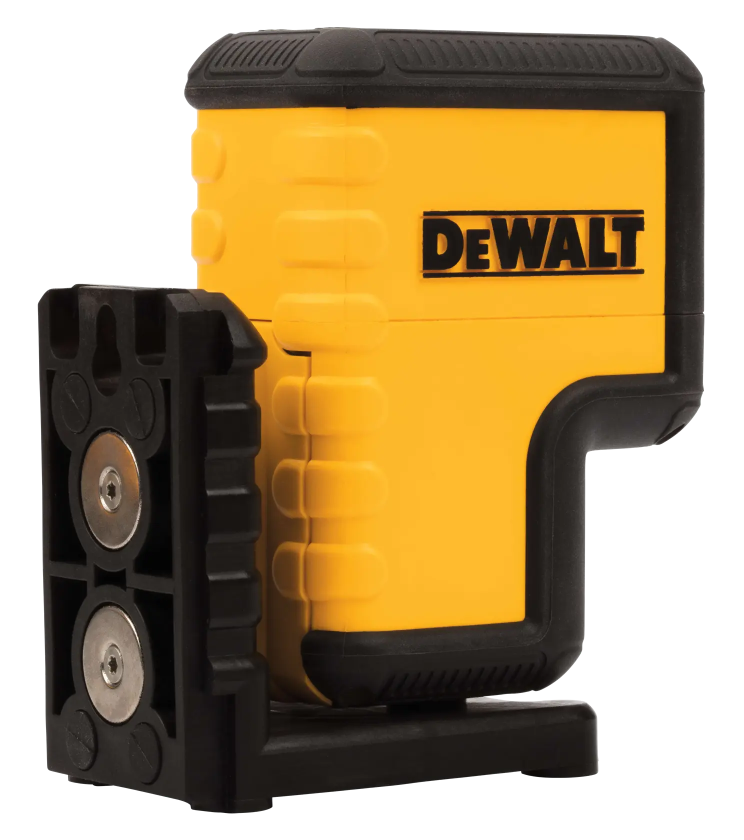 A yellow and black DEWALT-branded laser level with a mounting bracket, designed for accurate alignment in photography and construction.