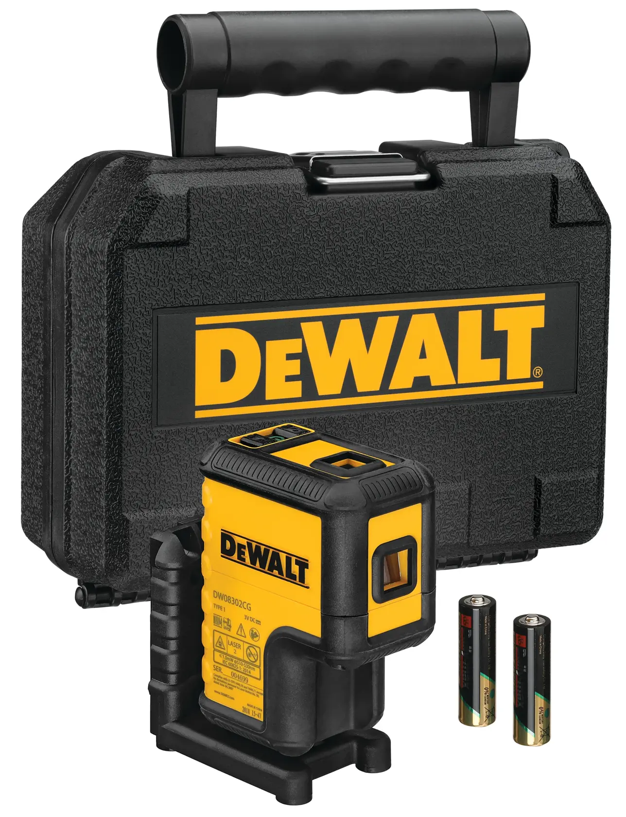 A DEWALT DW08302CG green laser level is shown in front of a hard carrying case with a large DEWALT logo. Two AA batteries are placed next to the laser level. The product is used for photography and construction alignment tasks.