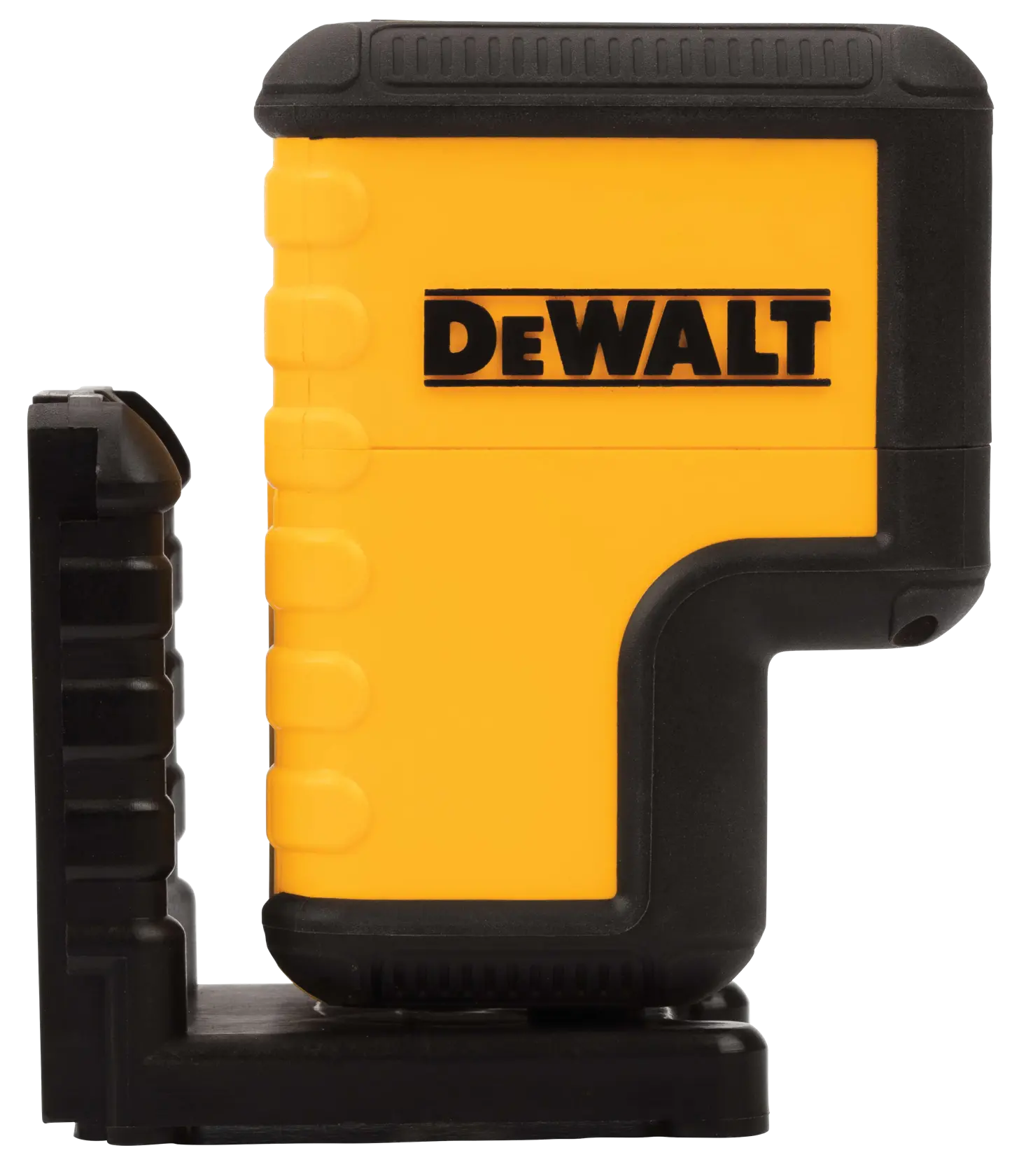 A DEWALT branded yellow and black laser level device, shown from the side, with a sturdy design and ribbed grip.