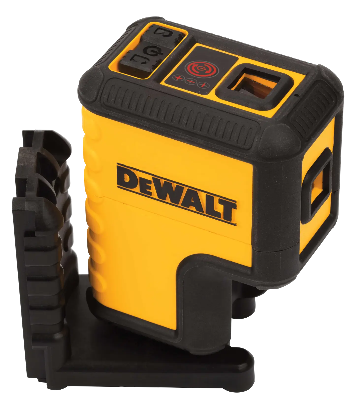 A DEWALT-branded yellow and black laser level device with control buttons on top and mounted on a black base.