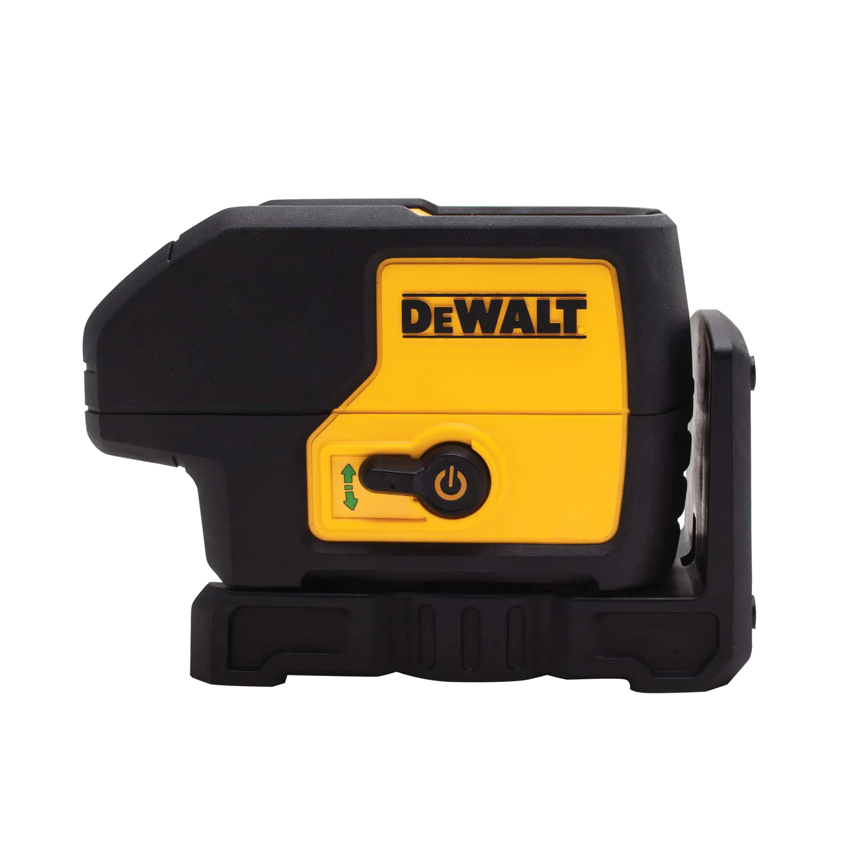 Side view of a DEWALT DW083CG laser level device, featuring a yellow and black casing, power button, and branded DEWALT logo.