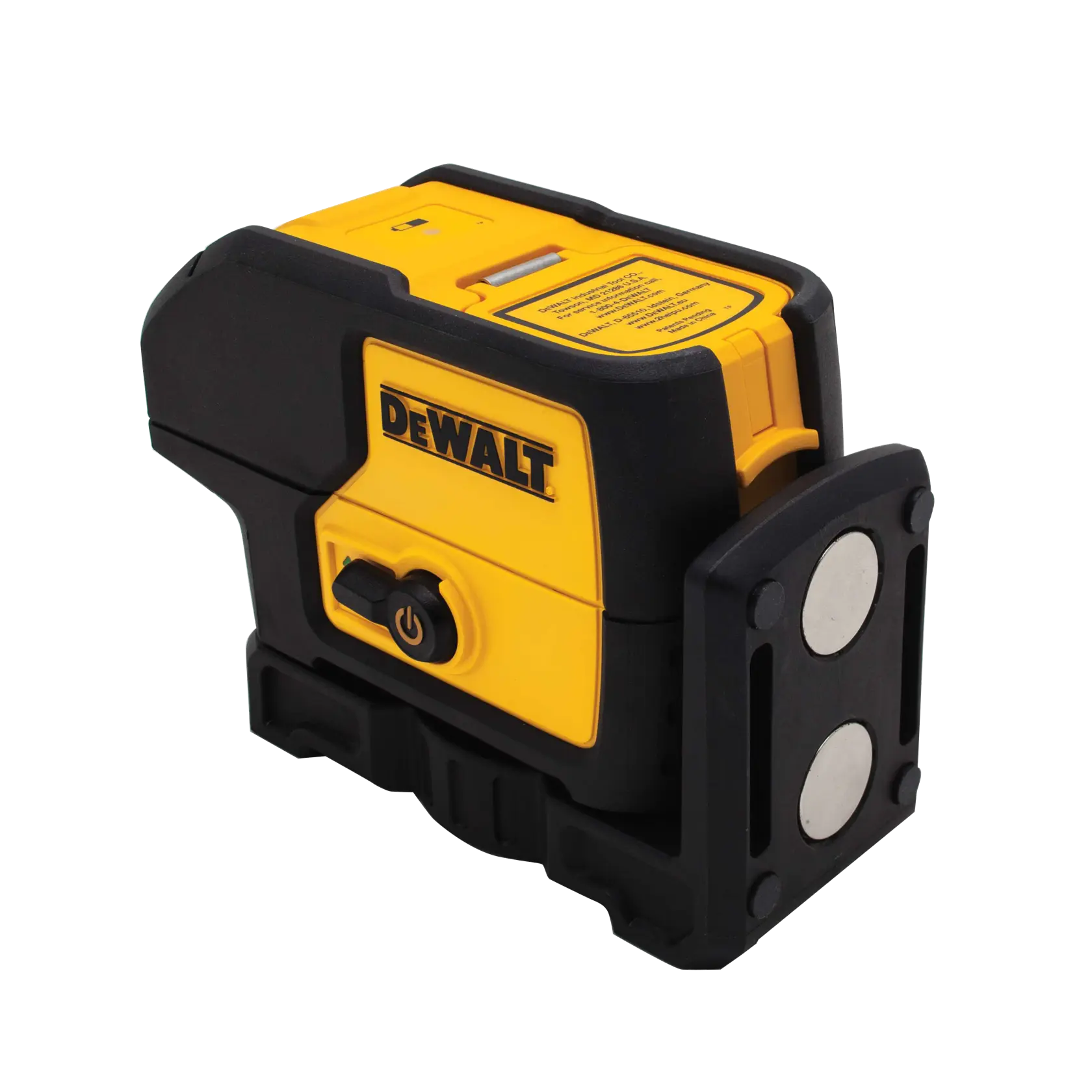 A DEWALT DW083CG green beam laser level tool, designed for precise leveling and alignment tasks in construction and photography. The tool is yellow and black, with a DEWALT logo, power button, and magnetic mounting base.