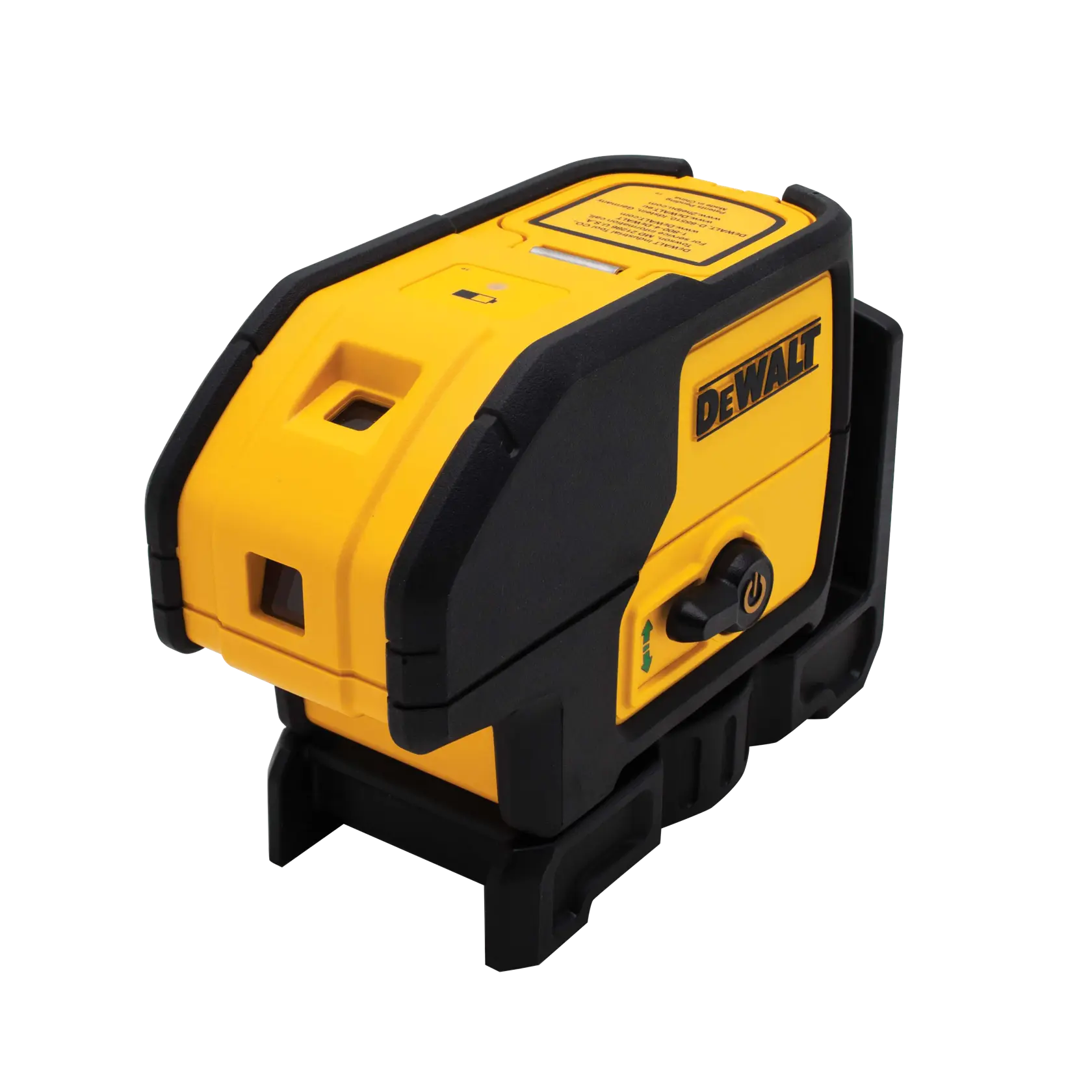 A DEWALT-branded yellow and black laser level, model DW083CG, designed for construction and alignment tasks. The device features a sturdy casing and control buttons, with the DEWALT logo clearly visible on the side.