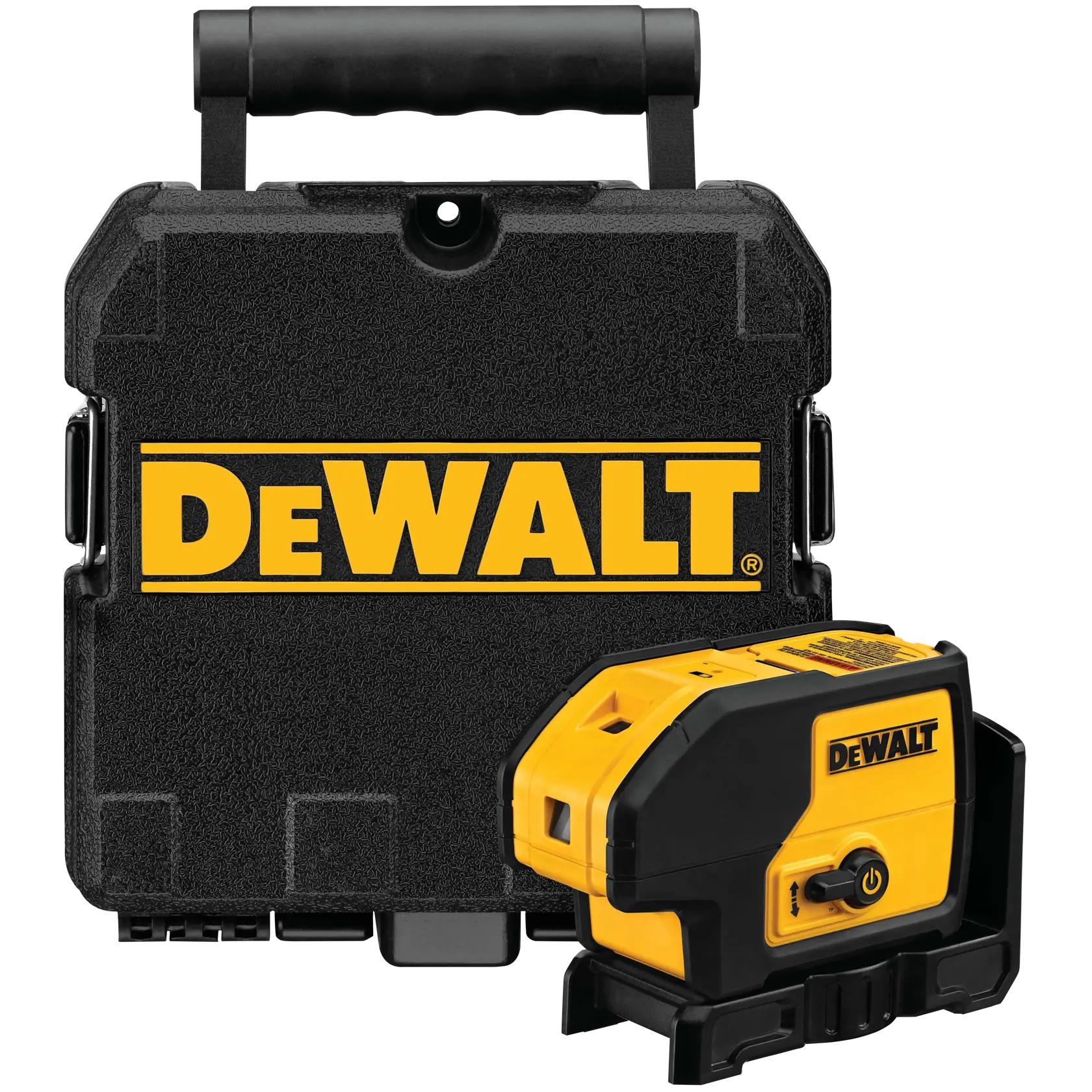 DEWALT DW083K laser level tool shown with a sturdy black carrying case, both featuring the yellow DEWALT logo.