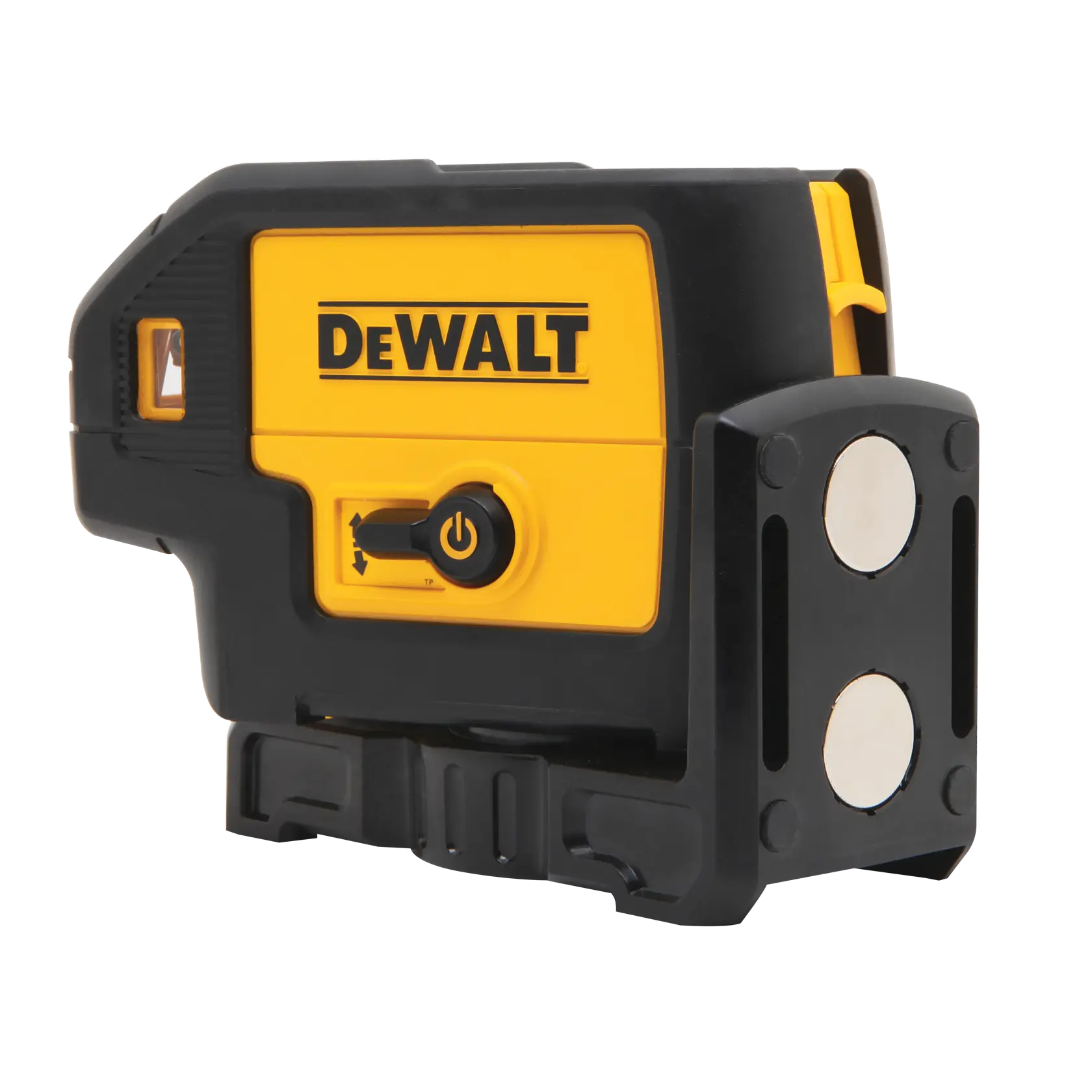 A DEWALT DW085K laser level device with a yellow and black casing, featuring control buttons and magnets on the side. The device is used for accurate leveling and alignment in construction or photography.