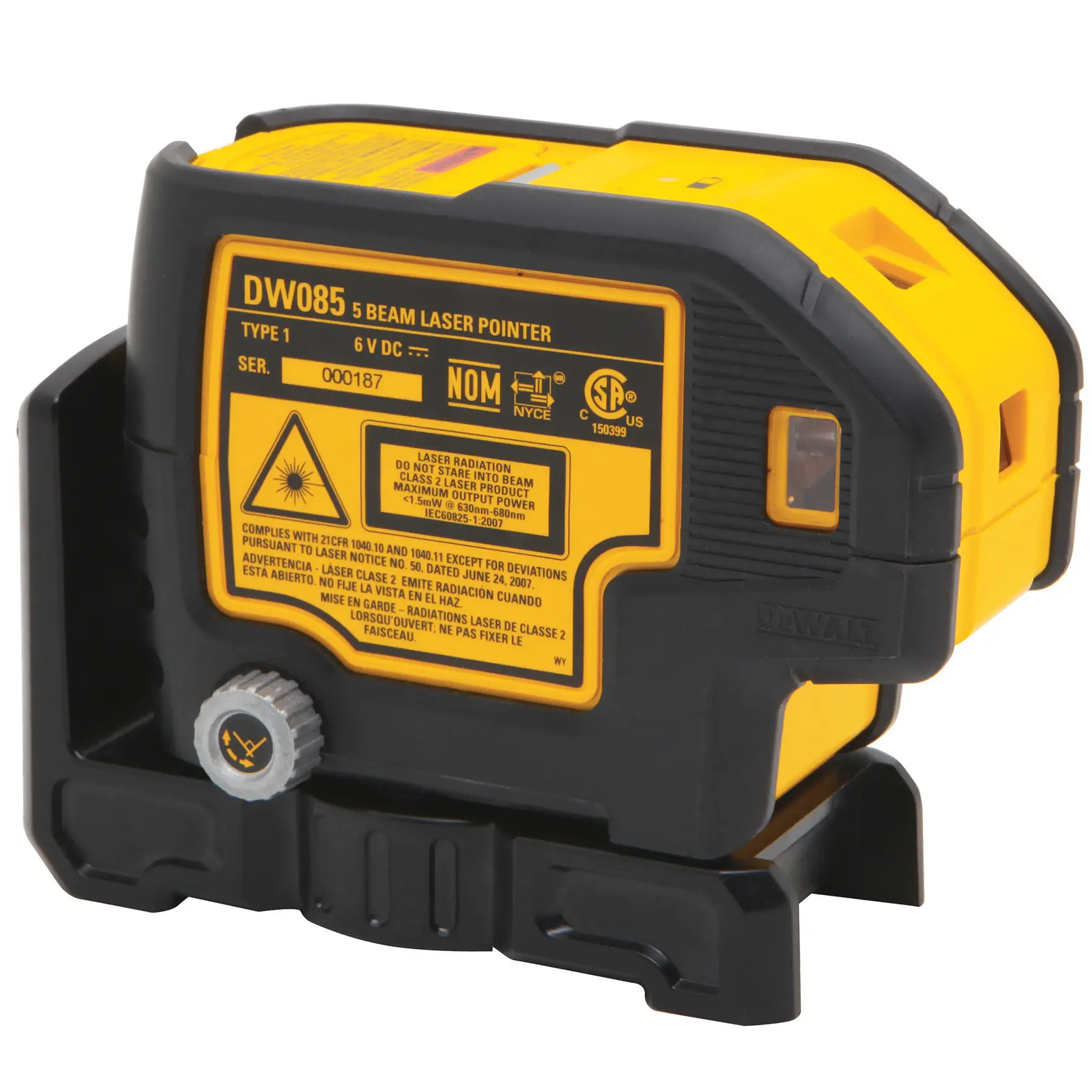 A DEWALT DW085K 5 beam laser pointer tool, yellow and black, shown in close-up view. The product features safety warnings and certification markings visible on the side.