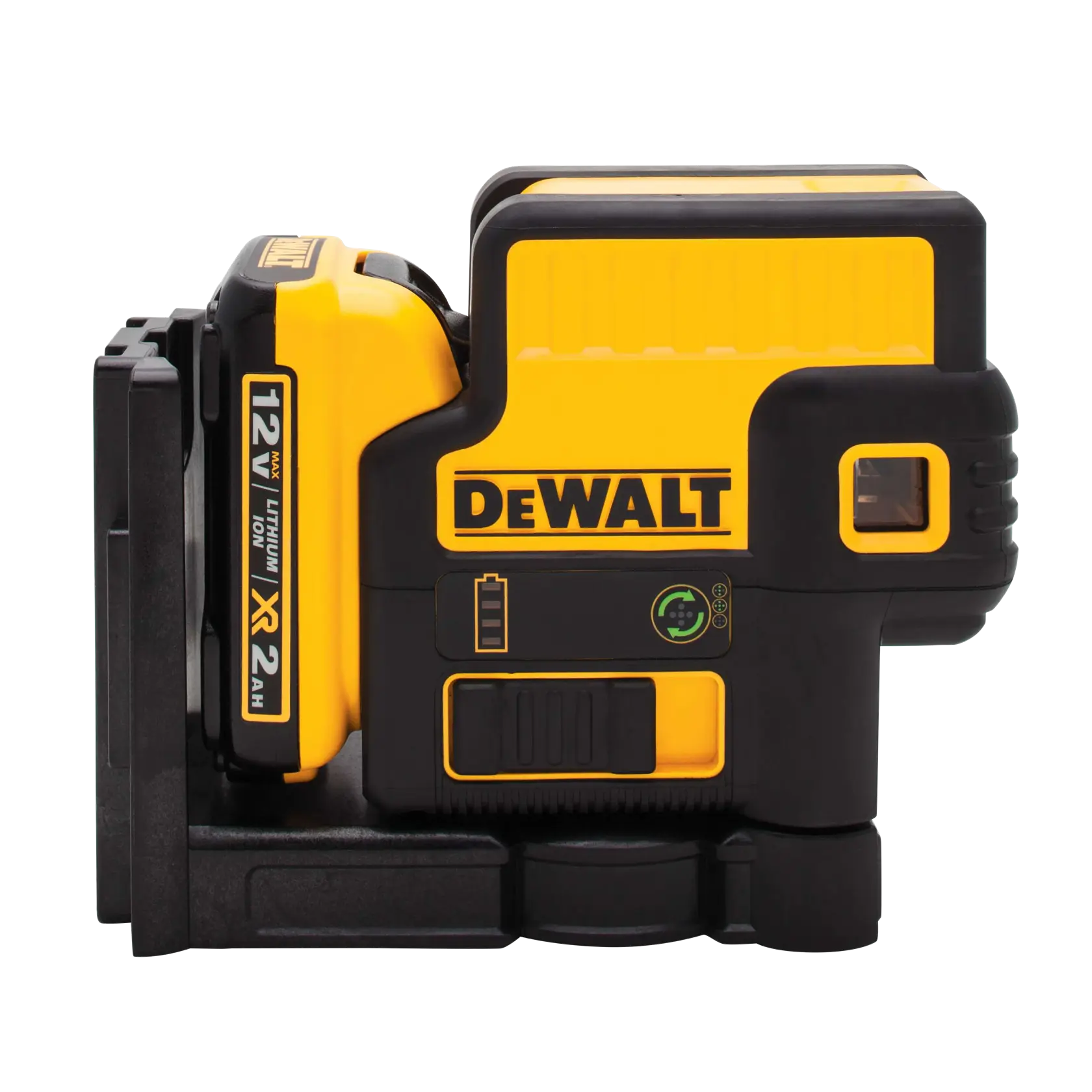 A DEWALT branded yellow and black laser level tool, model DW085LG, with visible battery indicator and markings for 12V lithium-ion XR 2Ah power.