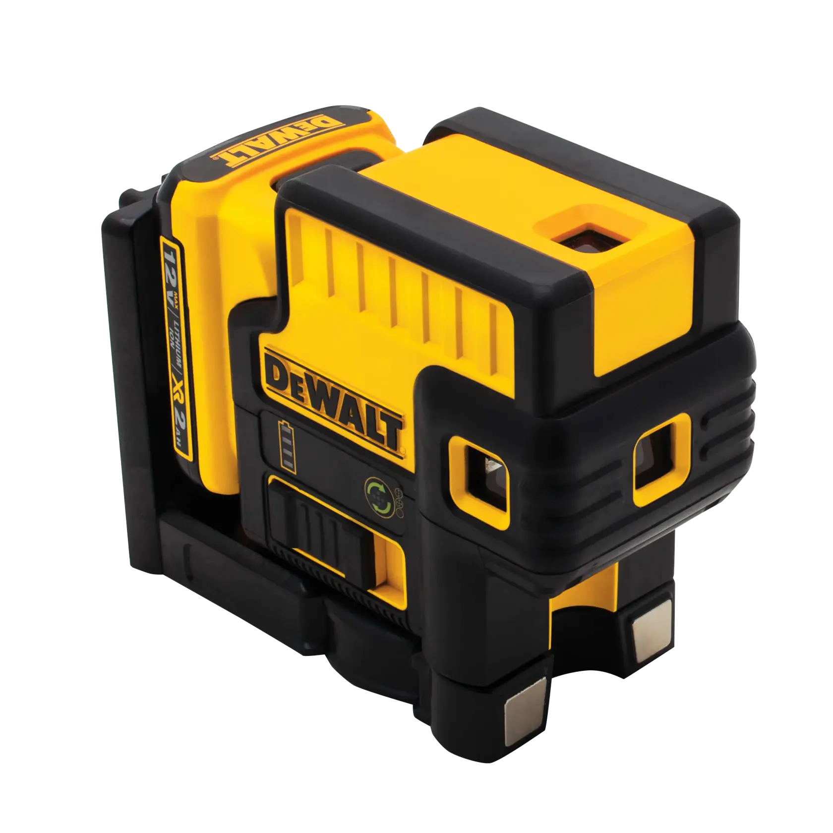 A DEWALT yellow and black self-leveling laser level tool, model DW085LG, designed for precise measurements in photography and construction.