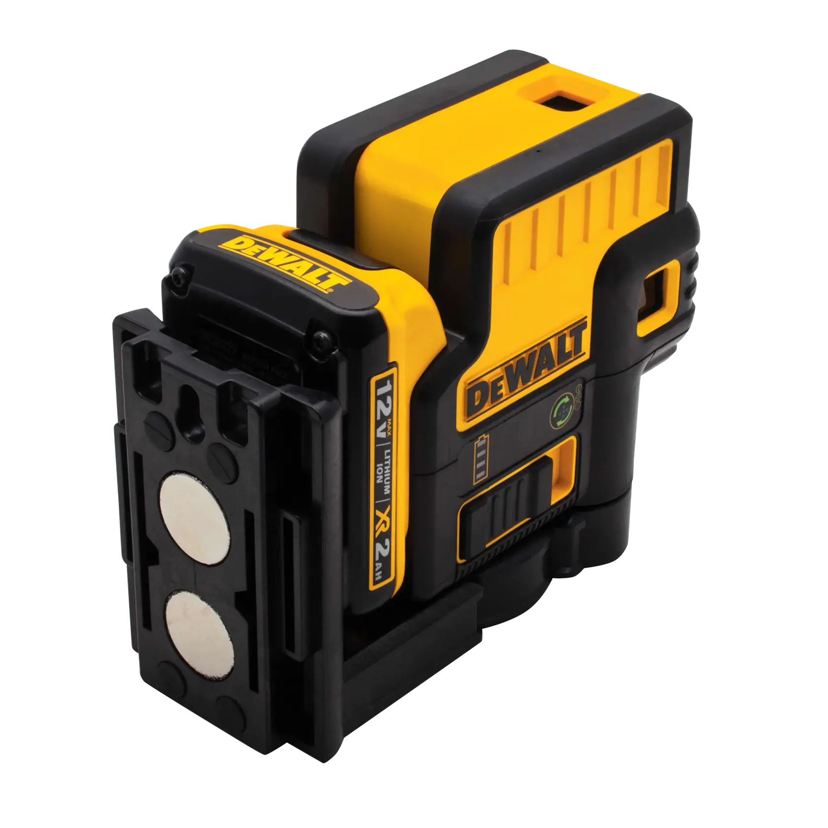 A DEWALT DW085LG 12V green cross line laser level tool with magnetic base, shown in yellow and black color.