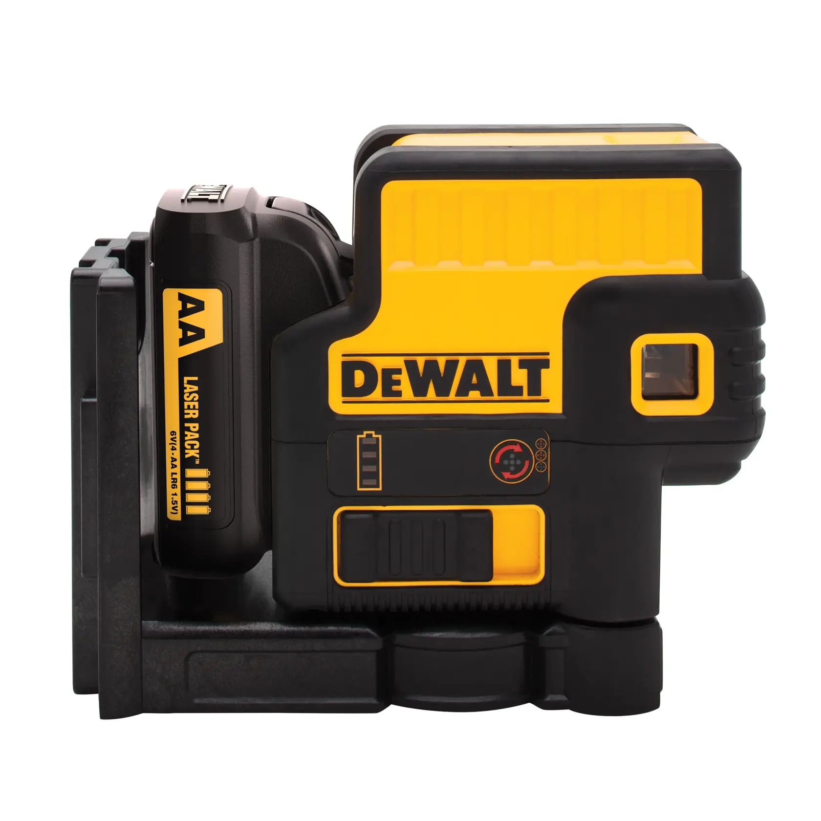 A DEWALT DW085LR yellow and black laser level tool with a visible AA battery pack, used for precise alignment in construction and photography.