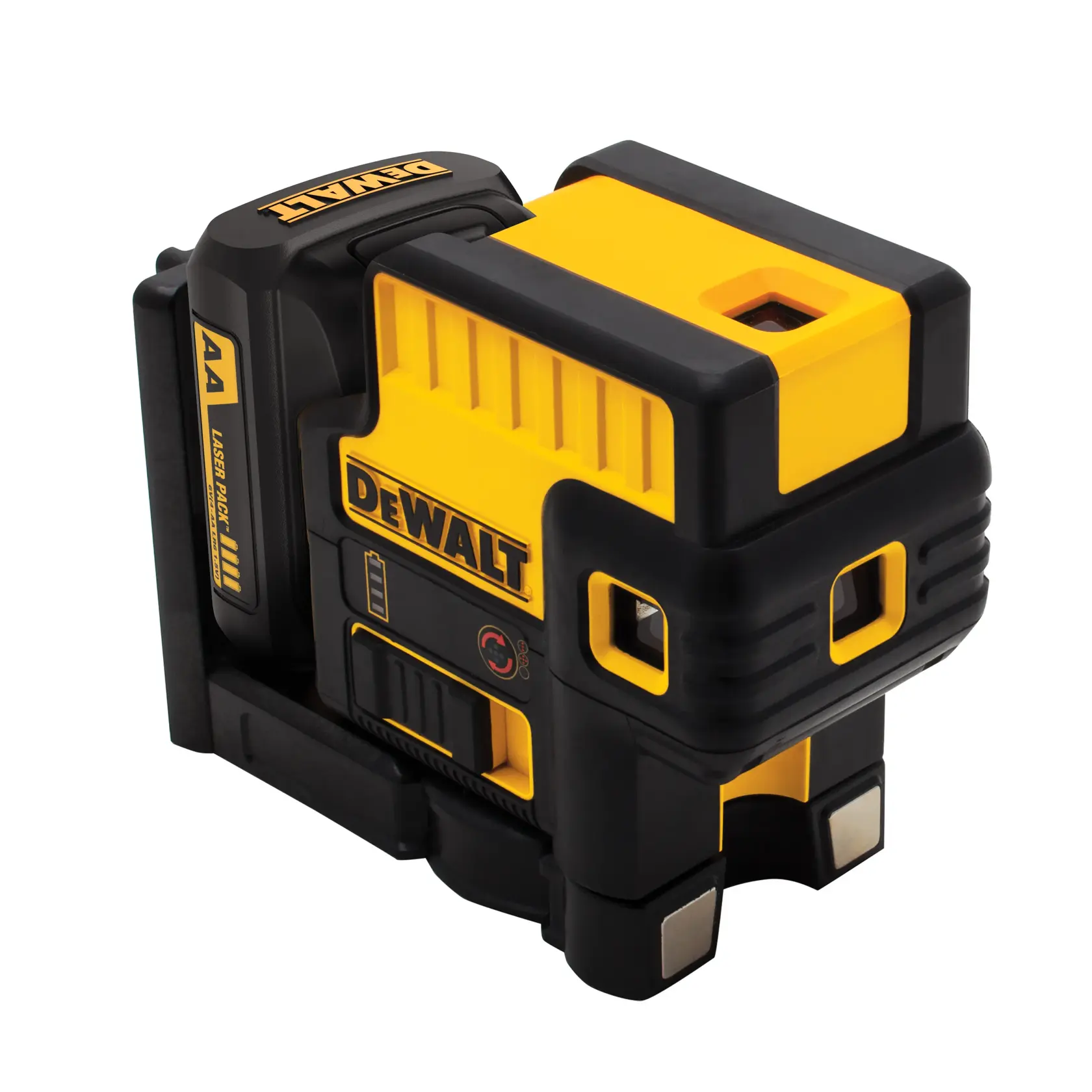A DEWALT branded DW085LR laser level device, featuring a compact design with prominent yellow and black coloring, used for accurate leveling and alignment tasks in construction and photography.