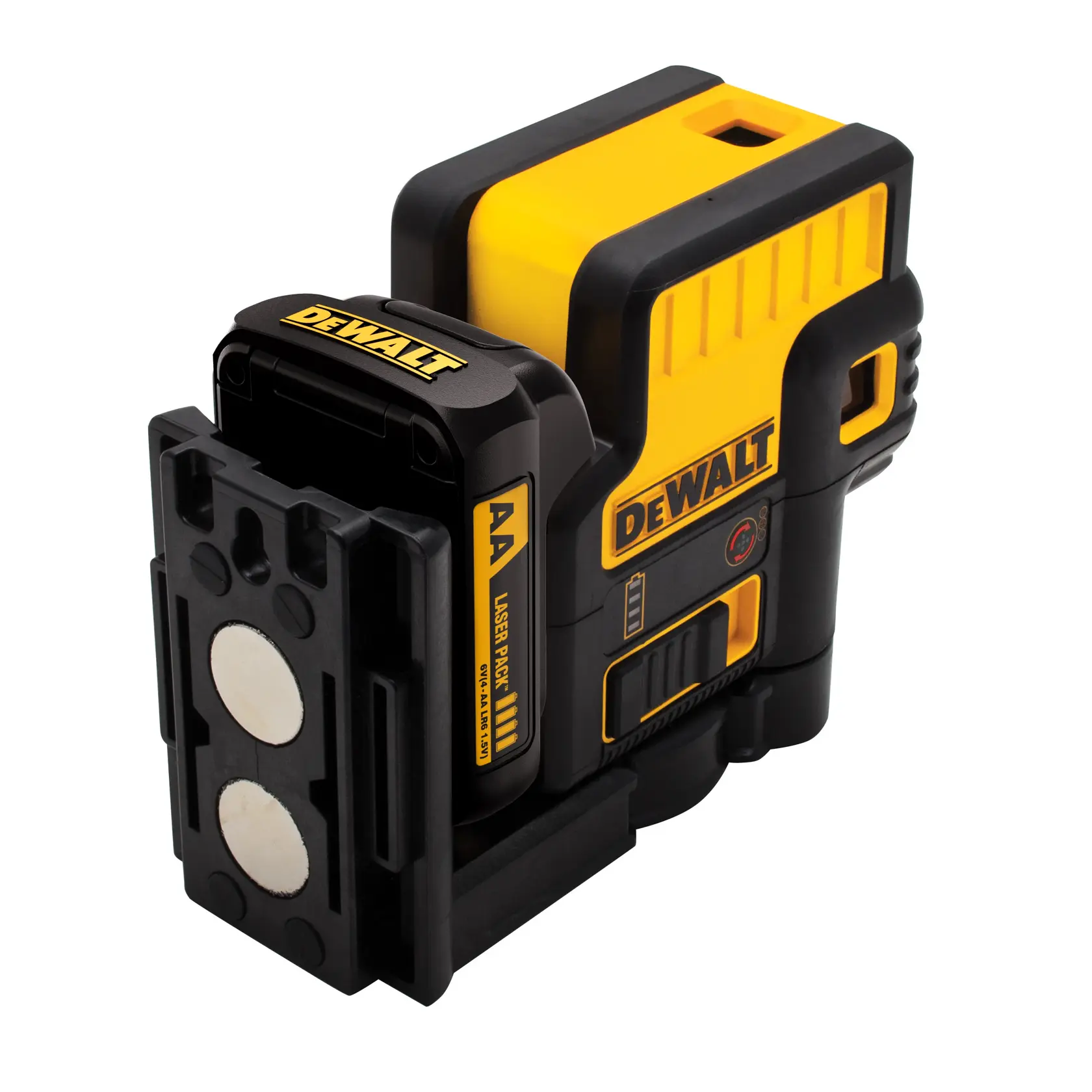 A DEWALT branded yellow and black laser level with an attached magnetic mounting bracket. The device appears compact and rugged, designed for professional construction or alignment tasks.