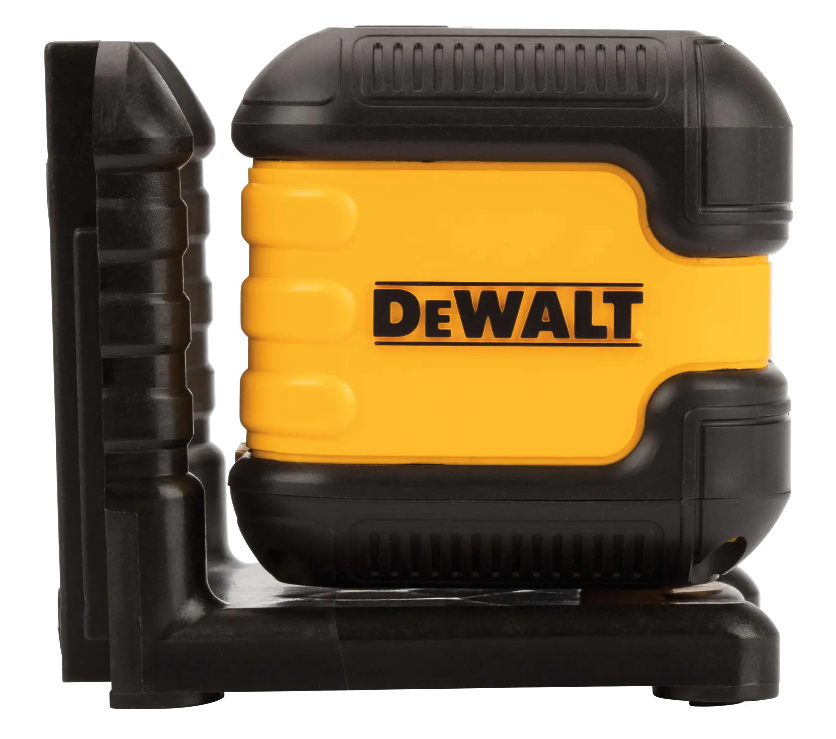 A DEWALT yellow and black laser level device with a rugged, textured exterior and a mounting base, shown from the side.