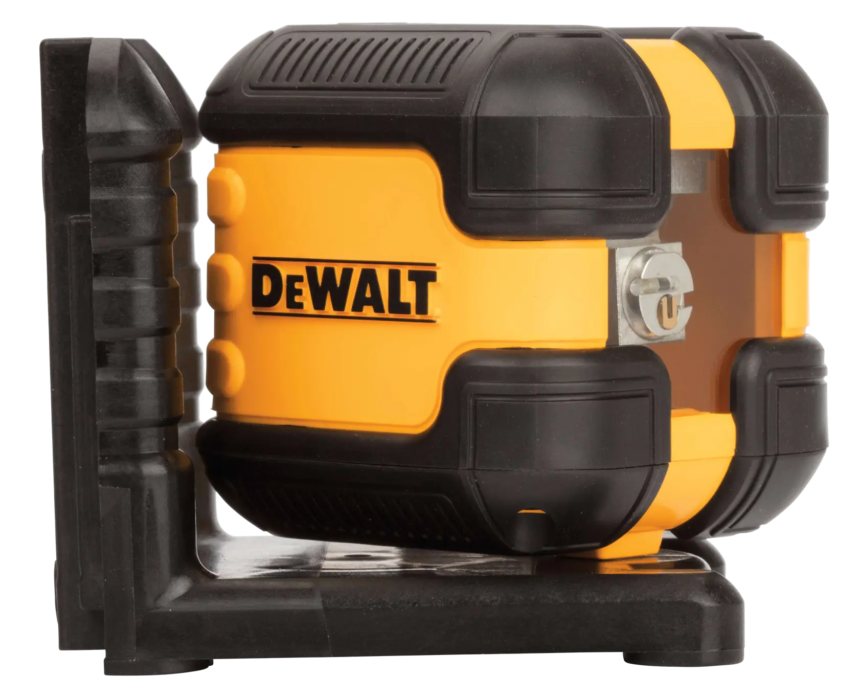 A DEWALT branded yellow and black laser level device, designed for precise leveling and alignment, shown mounted on a black base.