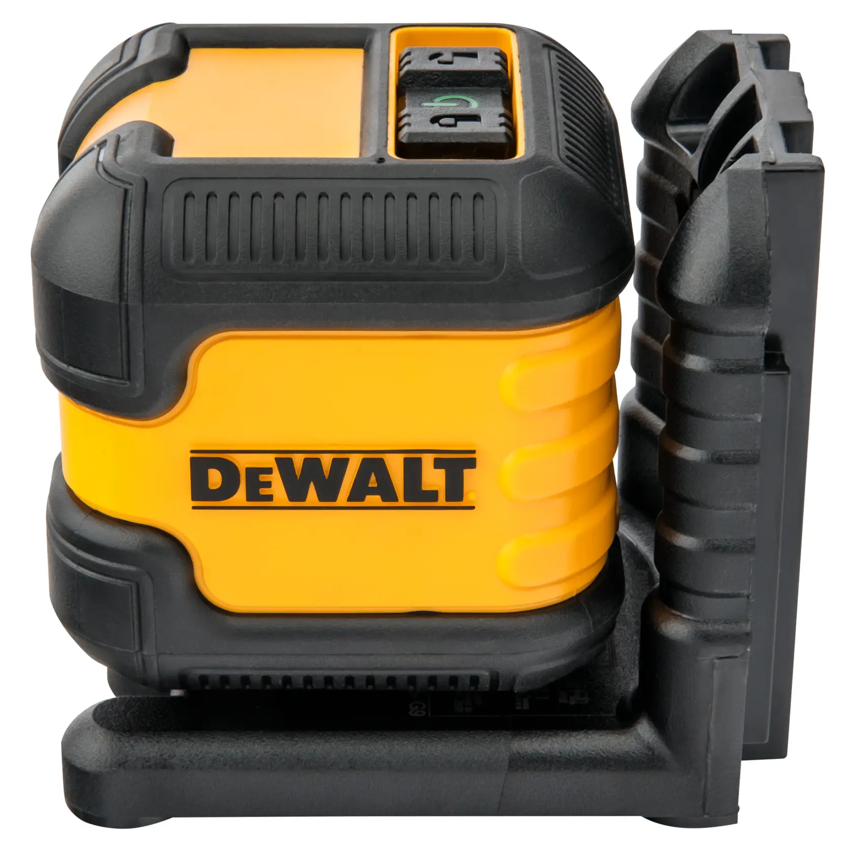 A close-up view of a DEWALT branded yellow and black laser level tool, designed for alignment and leveling tasks.