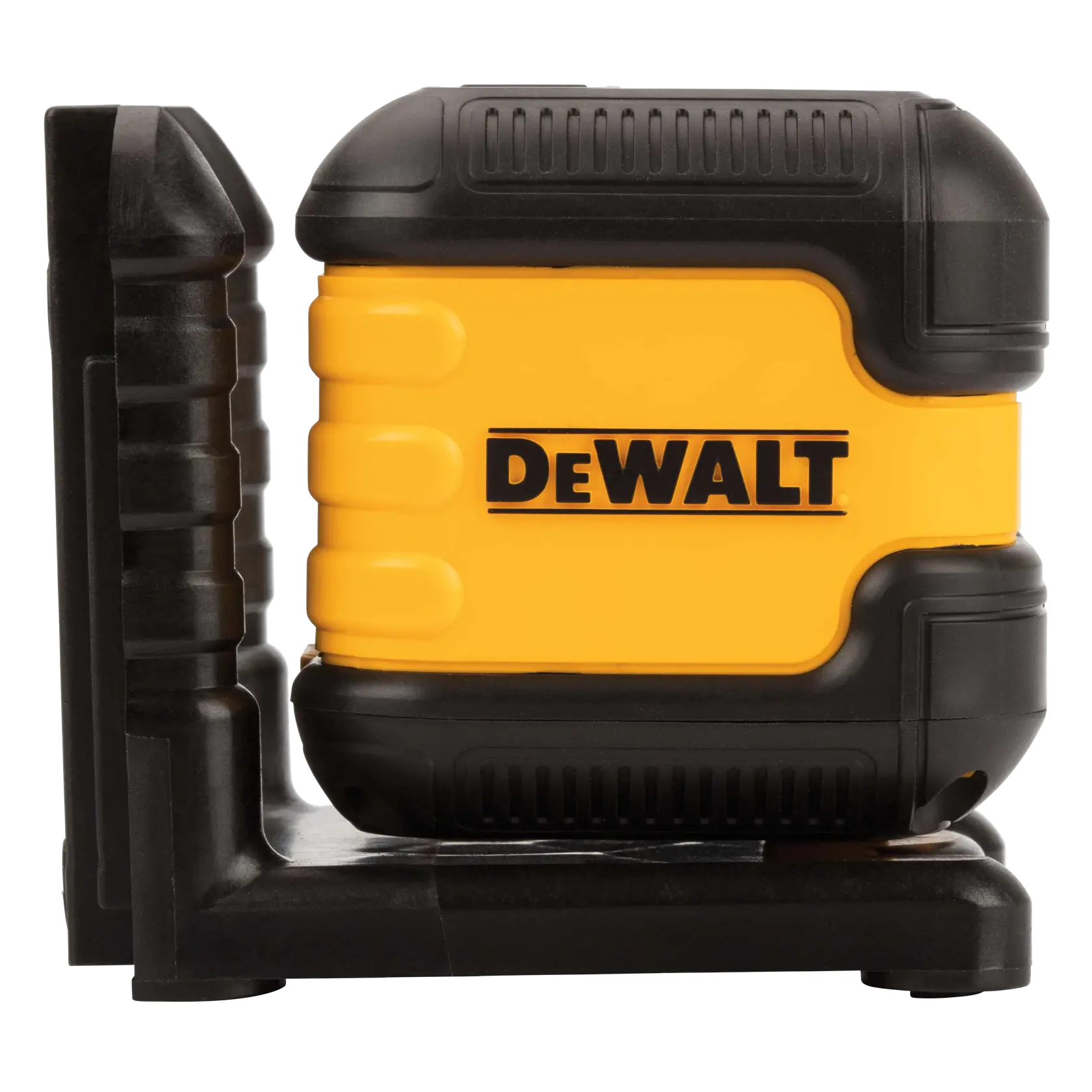 A DEWALT branded yellow and black laser level tool, model DW08802, shown resting on its base.