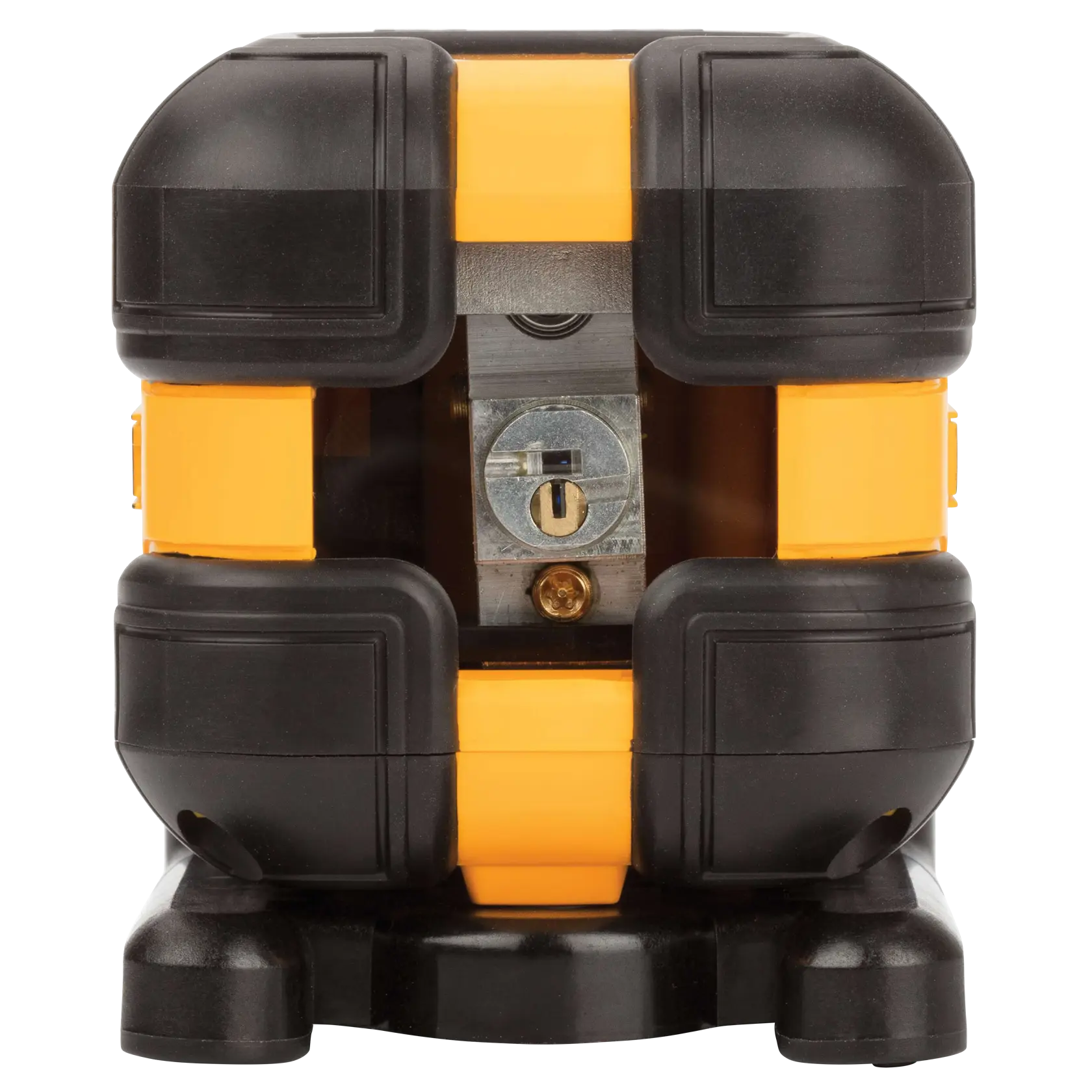 Front view of a DEWALT DW08802 laser level. The device is mostly black with yellow accents, featuring a central metal mounting slot.