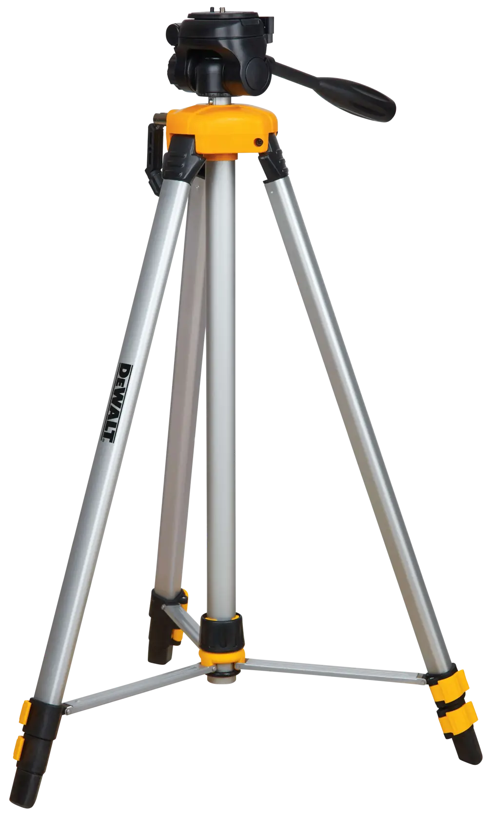 A DEWALT branded photography tripod with silver legs and yellow accents, featuring adjustable legs and a black pan-tilt head.